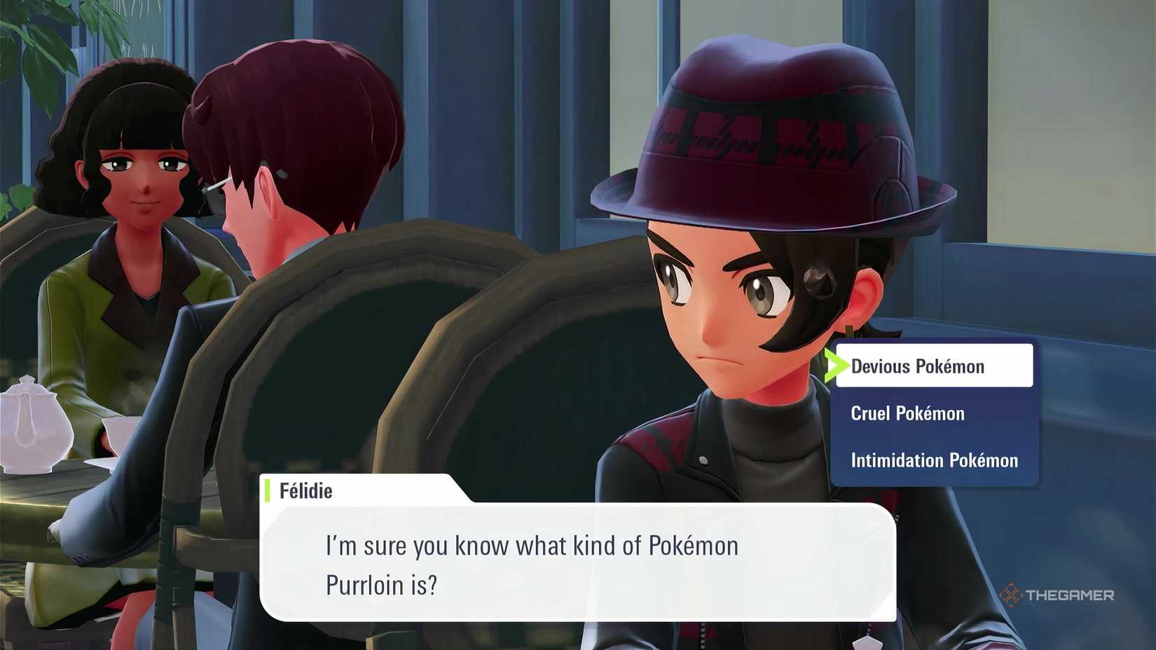 Selecting 'Devious Pokemon', one of the quiz answers in Side Mission 175: Romance avec Purrloin in Pokemon Legends: Z-A's Mega Dimension DLC.