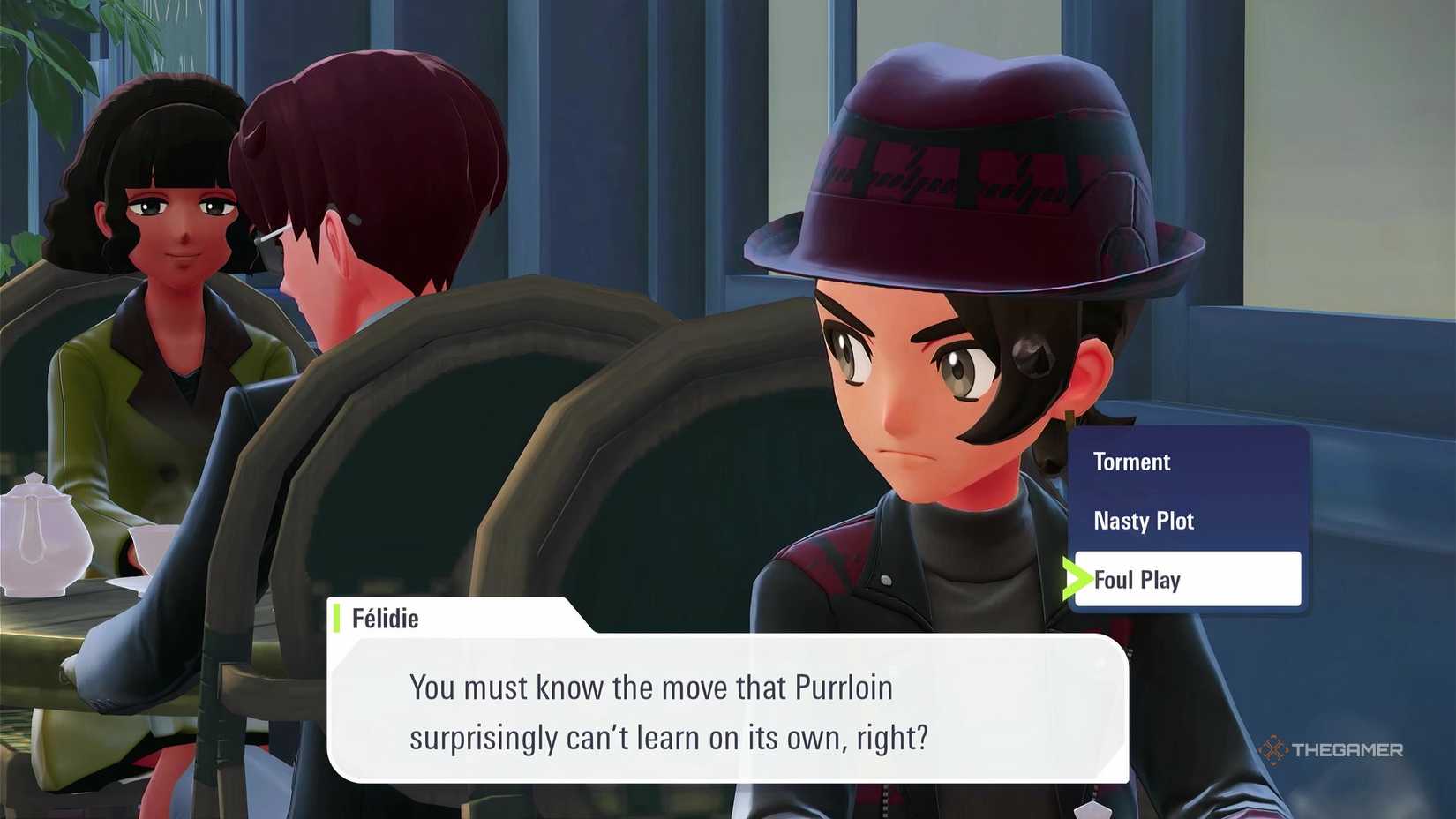 Selecting 'Foul Play', one of the quiz answers in Side Mission 175: Romance avec Purrloin in Pokemon Legends: Z-A's Mega Dimension DLC.