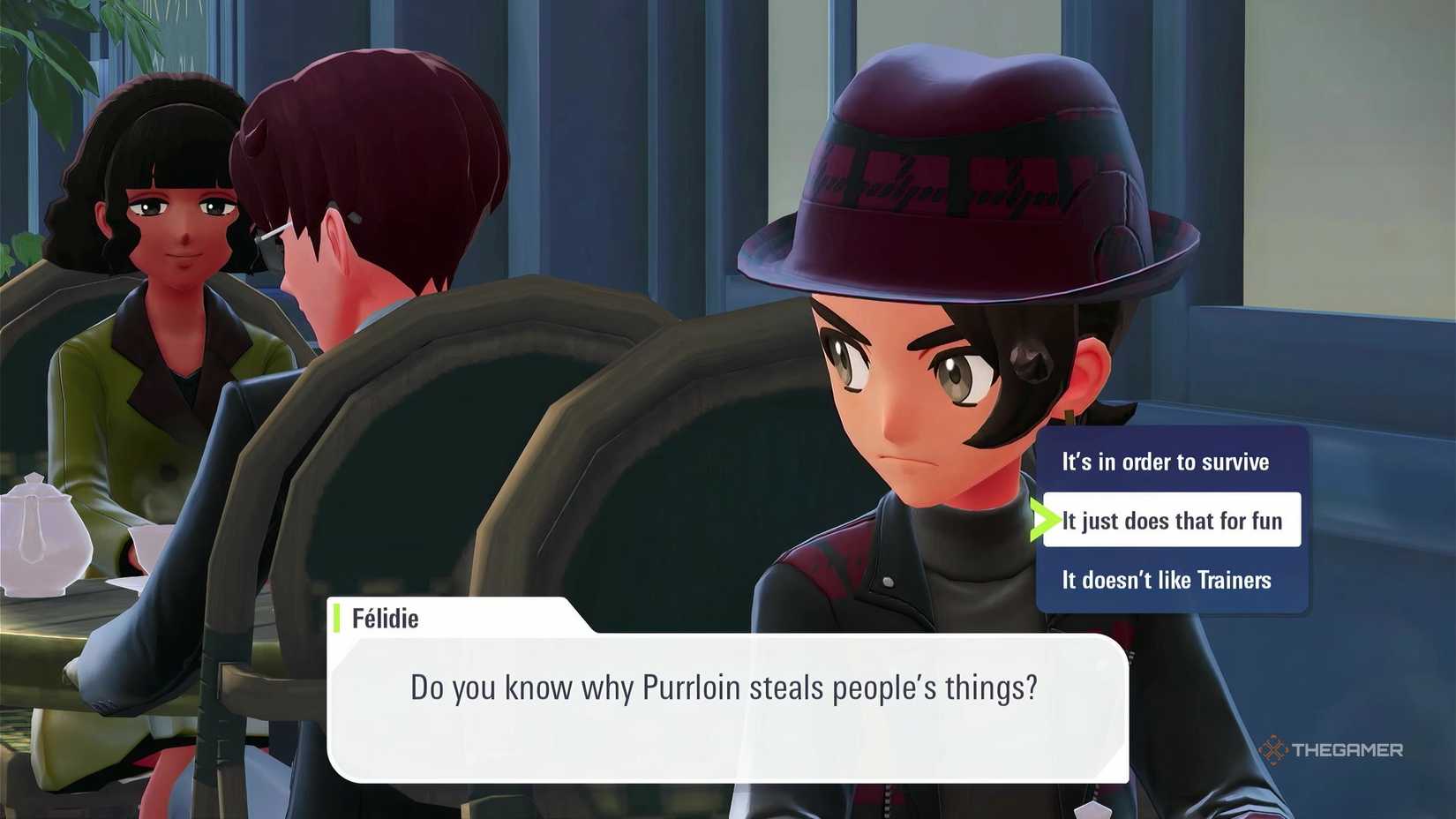 Selecting 'It just does that for fun', one of the quiz answers in Side Mission 175: Romance avec Purrloin in Pokemon Legends: Z-A's Mega Dimension DLC.