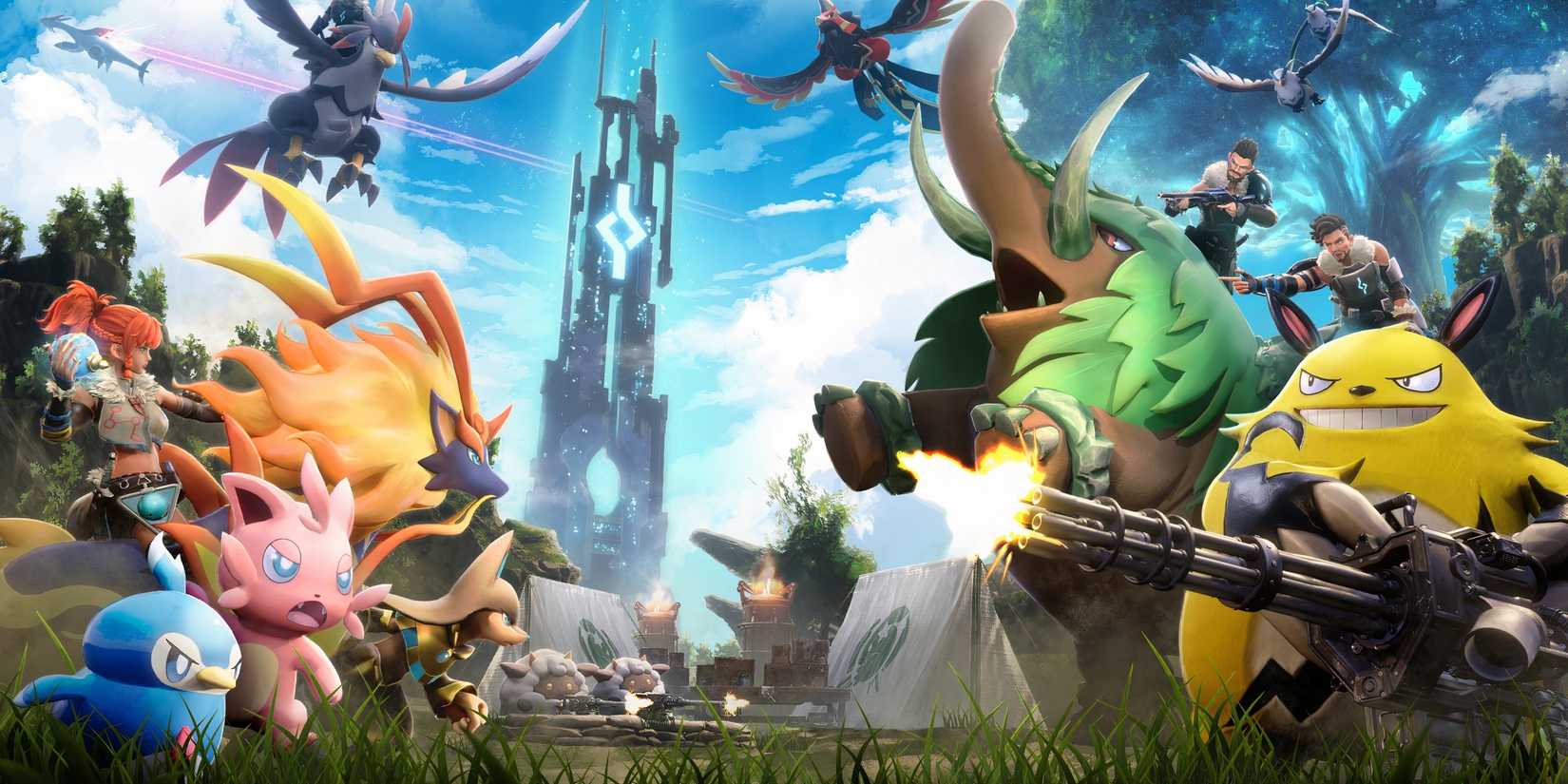 Several pals looking at each other with guns with people riding on large ones in Palworld