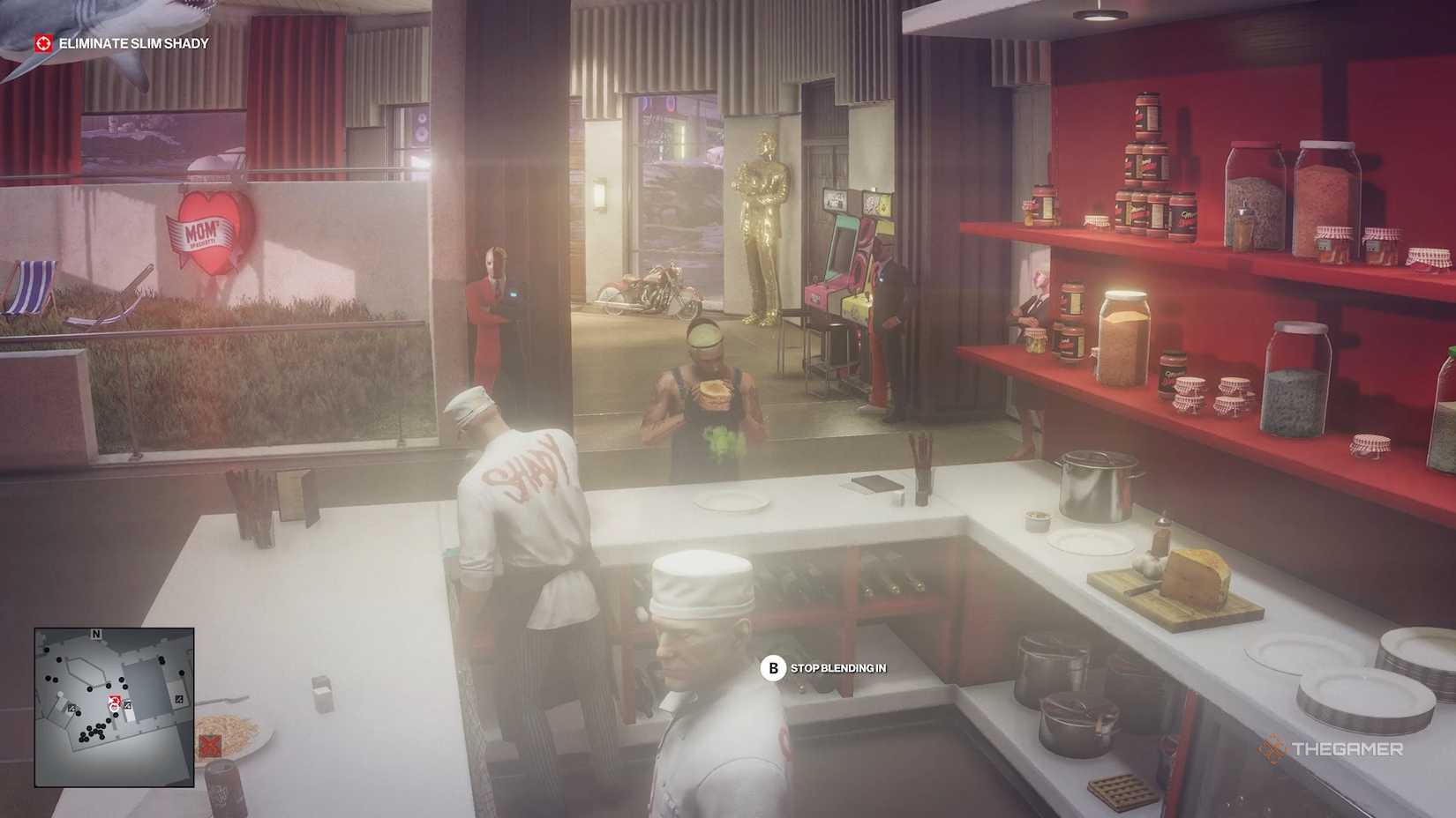 Slim Shady eating a poisoned sandwich in Hitman World of Assassination.