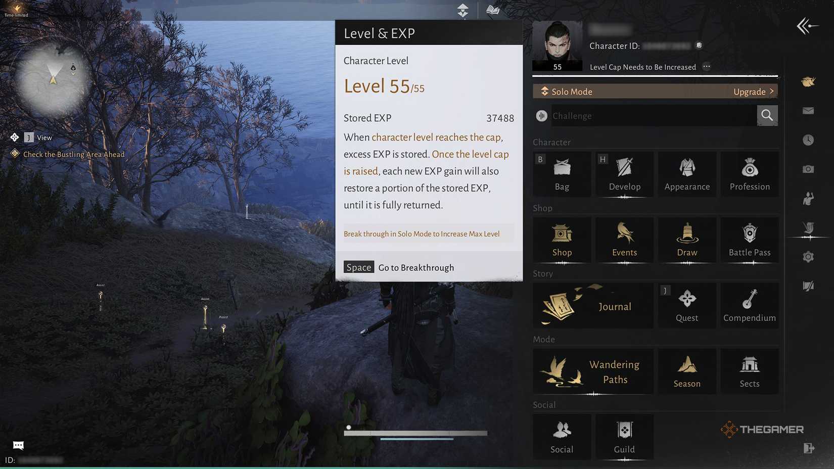 The level cap and stored EXP explanations in Where Winds Meet.