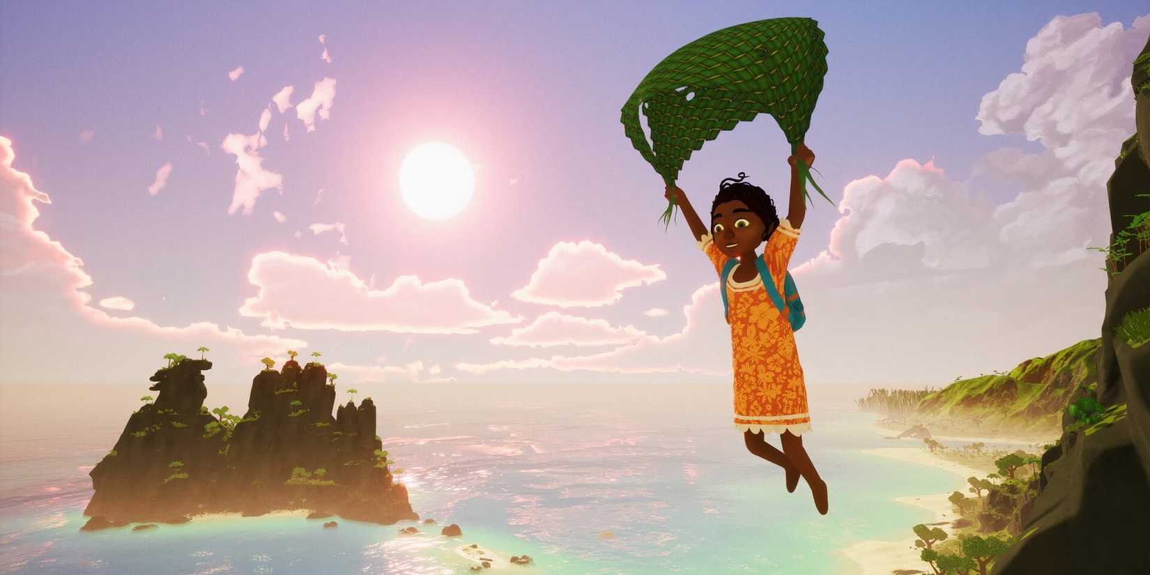 Tchia gliding over the land and sea with her glider in the game Tchia