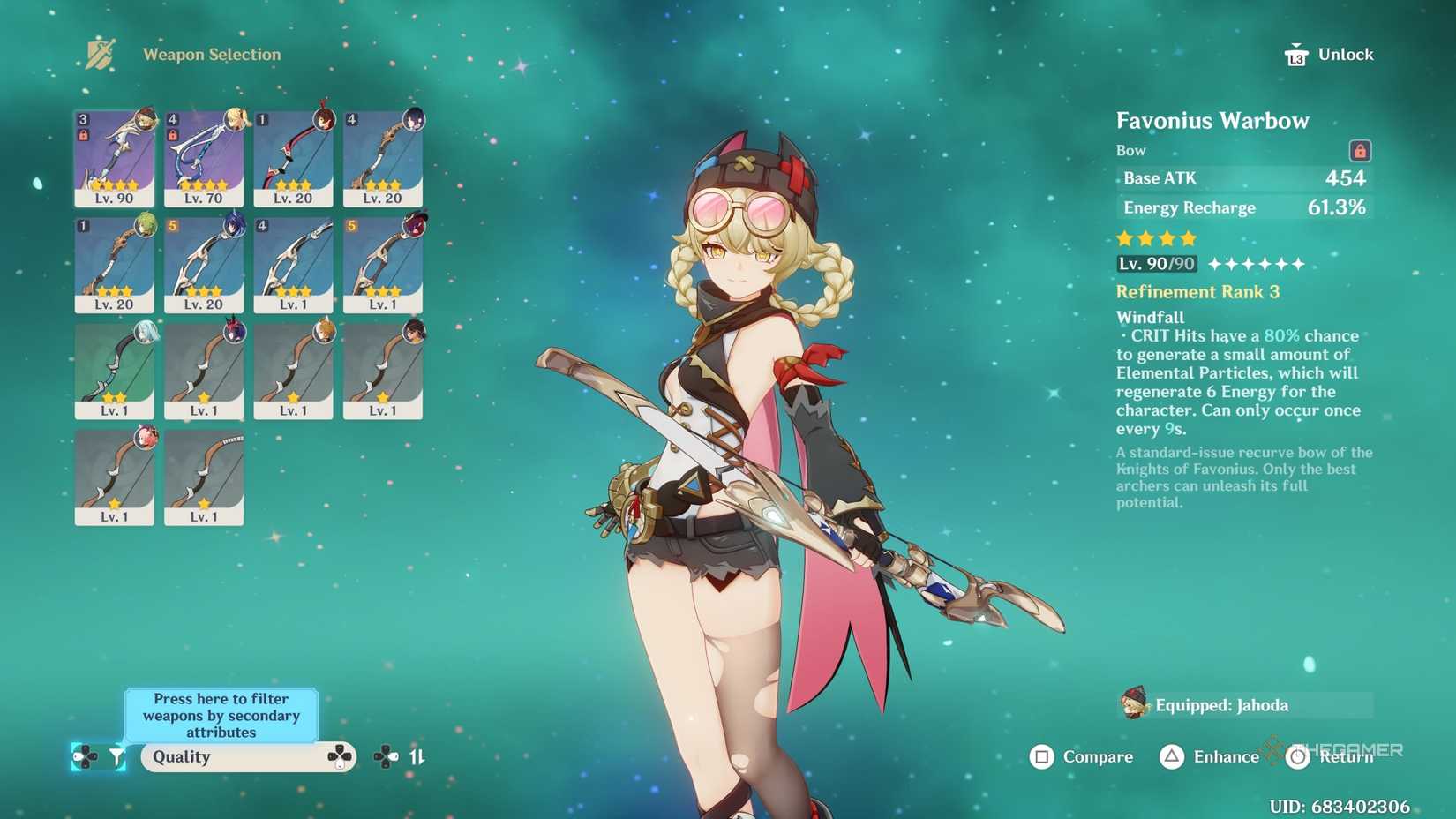 The best 4-star weapon for Jahoda, the Favonius Warbow, in Genshin Impact.