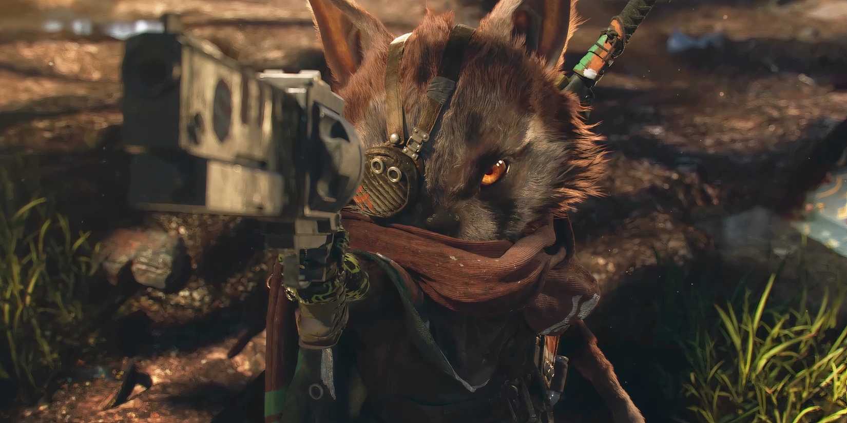 The main character of Biomutant pointing a gun at the camera