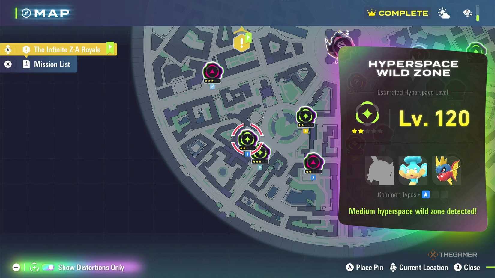 The map from Pokemon Legends: Z-A showing the spawn location of Mudkip in a Hyperspace Wild Zone from the Mega Dimension DLC.