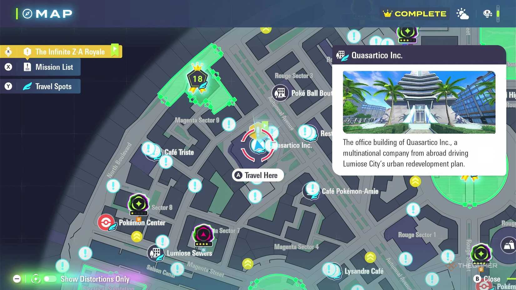 The map location of the Magearna side mission in Pokemon Legends: Z-A at Quarsartico Inc.