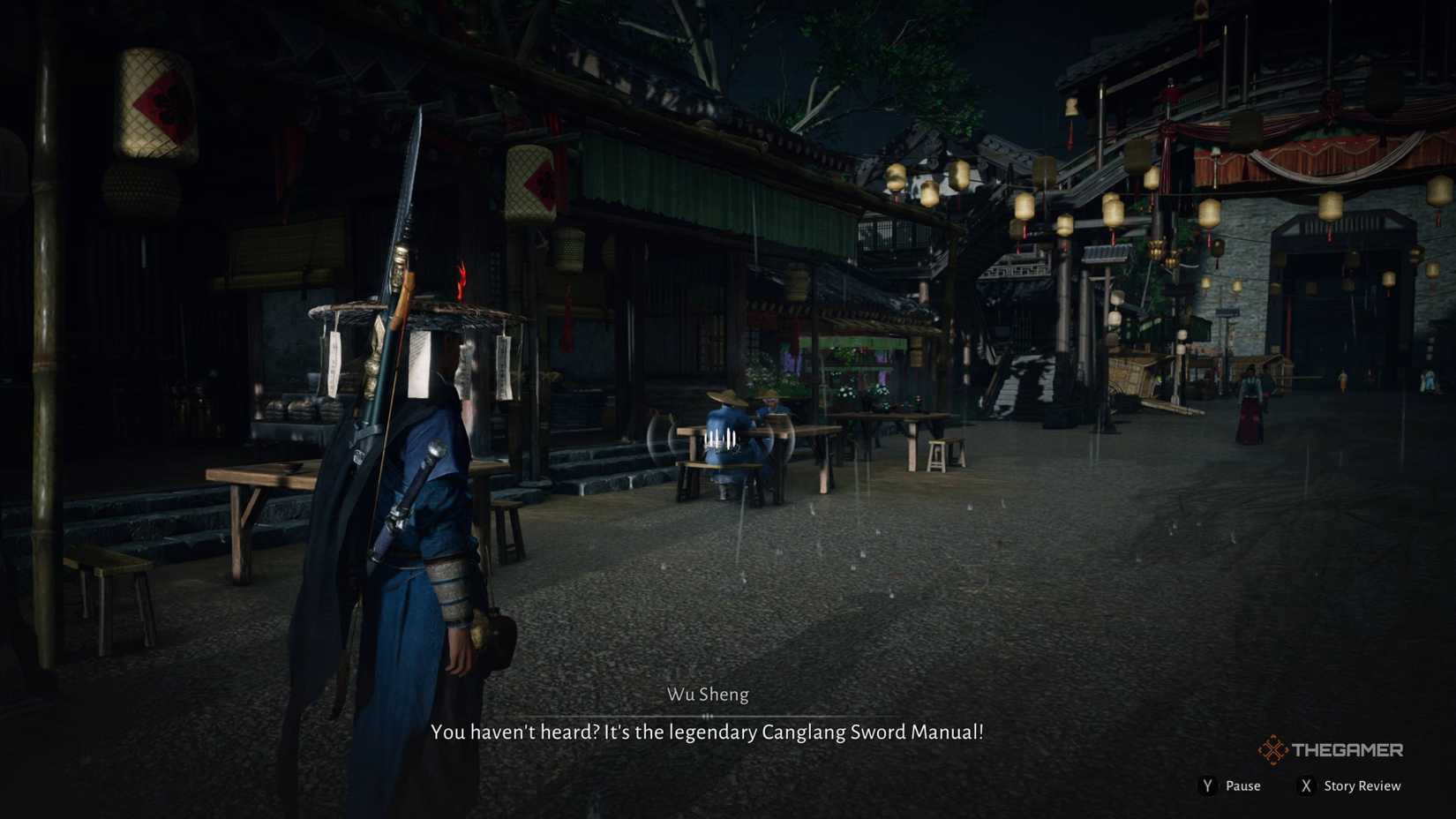 The player overhearing a conversation about a manual in where winds meet.