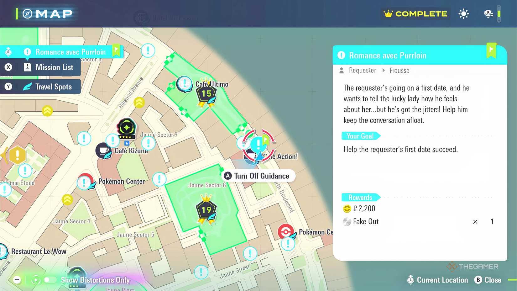 The Pokemon Legends: Z-A map location of the Romance avec Purrloin side quest.