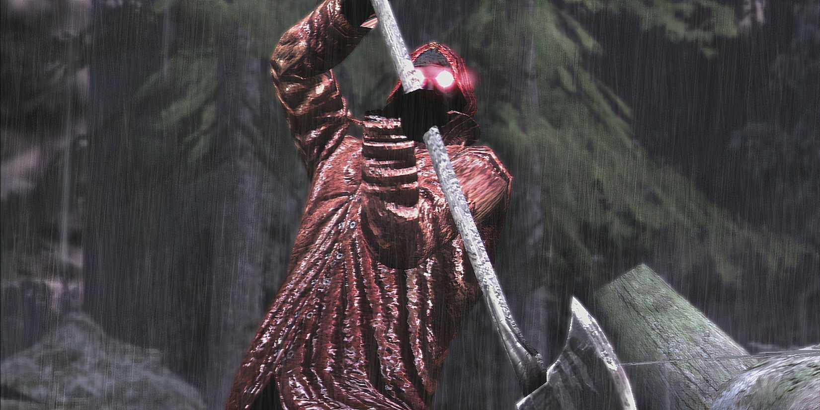 The Raincoat Killer lifts his axe in Deadly Premonition