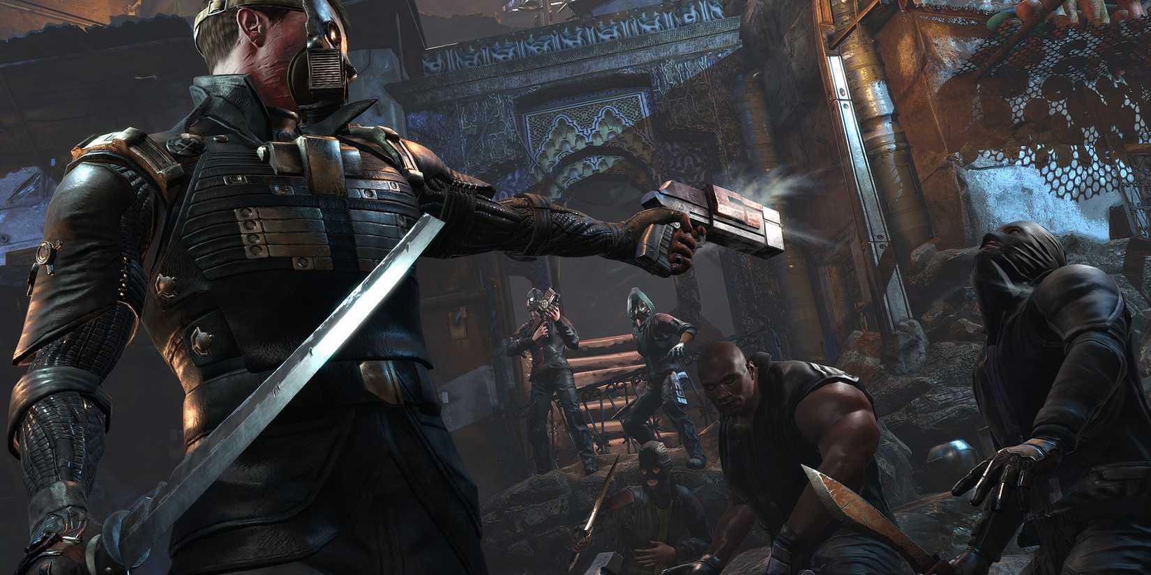 The Technomancer pointing his gun at an enemy on the right in The Technomancer