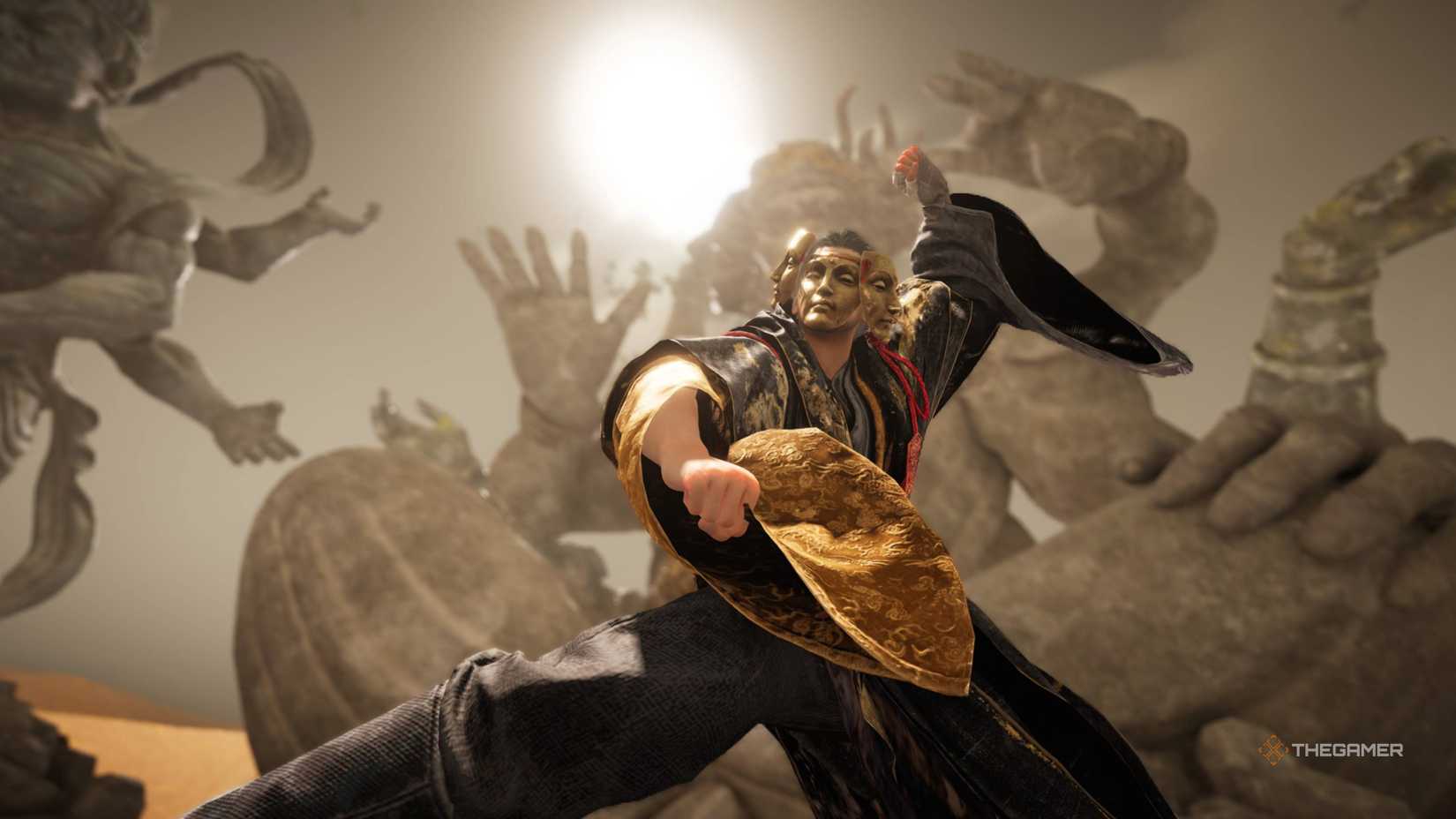 Tian Ying in a fighting stance while wearing multiple masks in where winds meet.