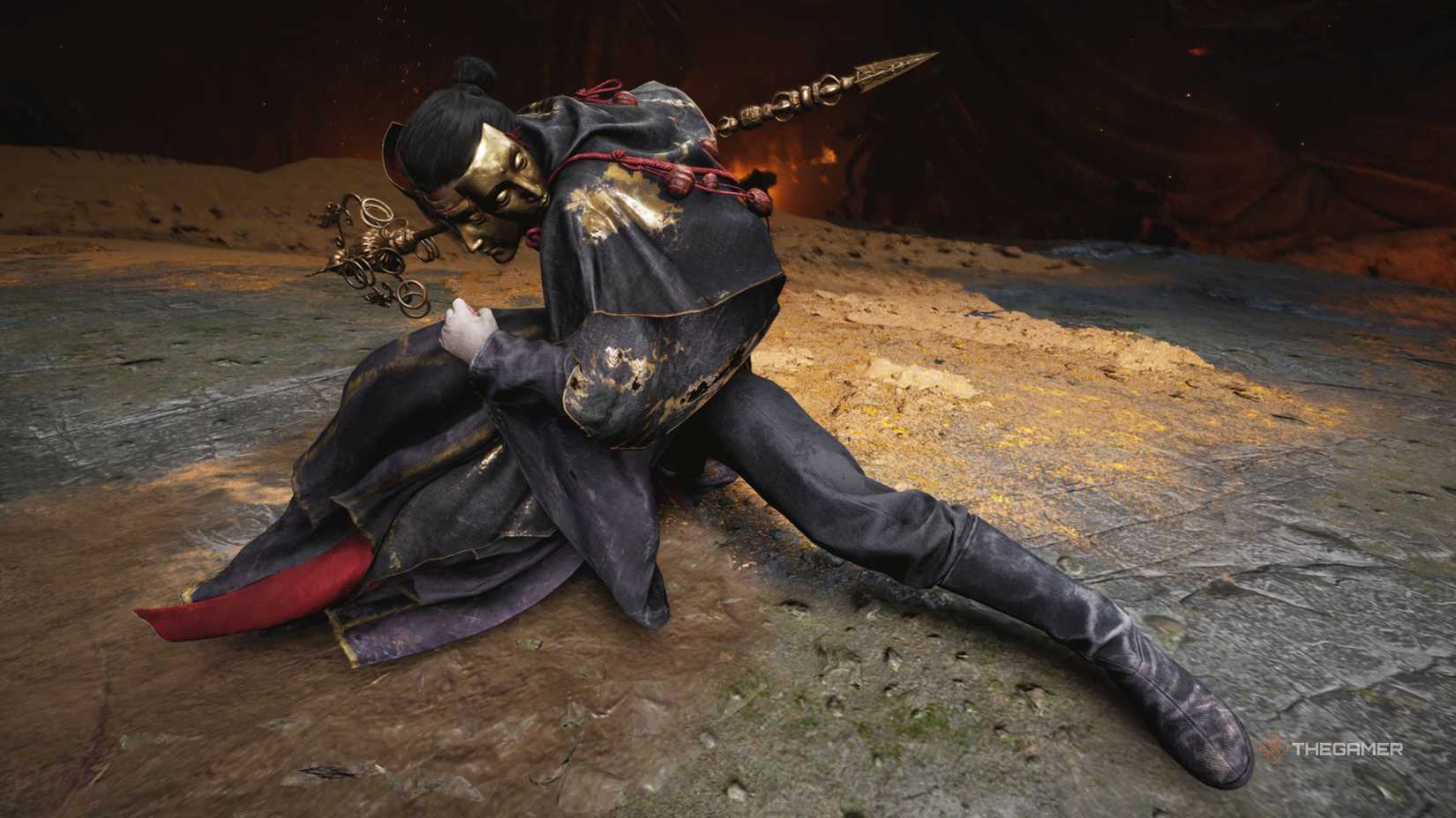 Tian Ying wearing multiple masks while holding a staff in where winds meet.