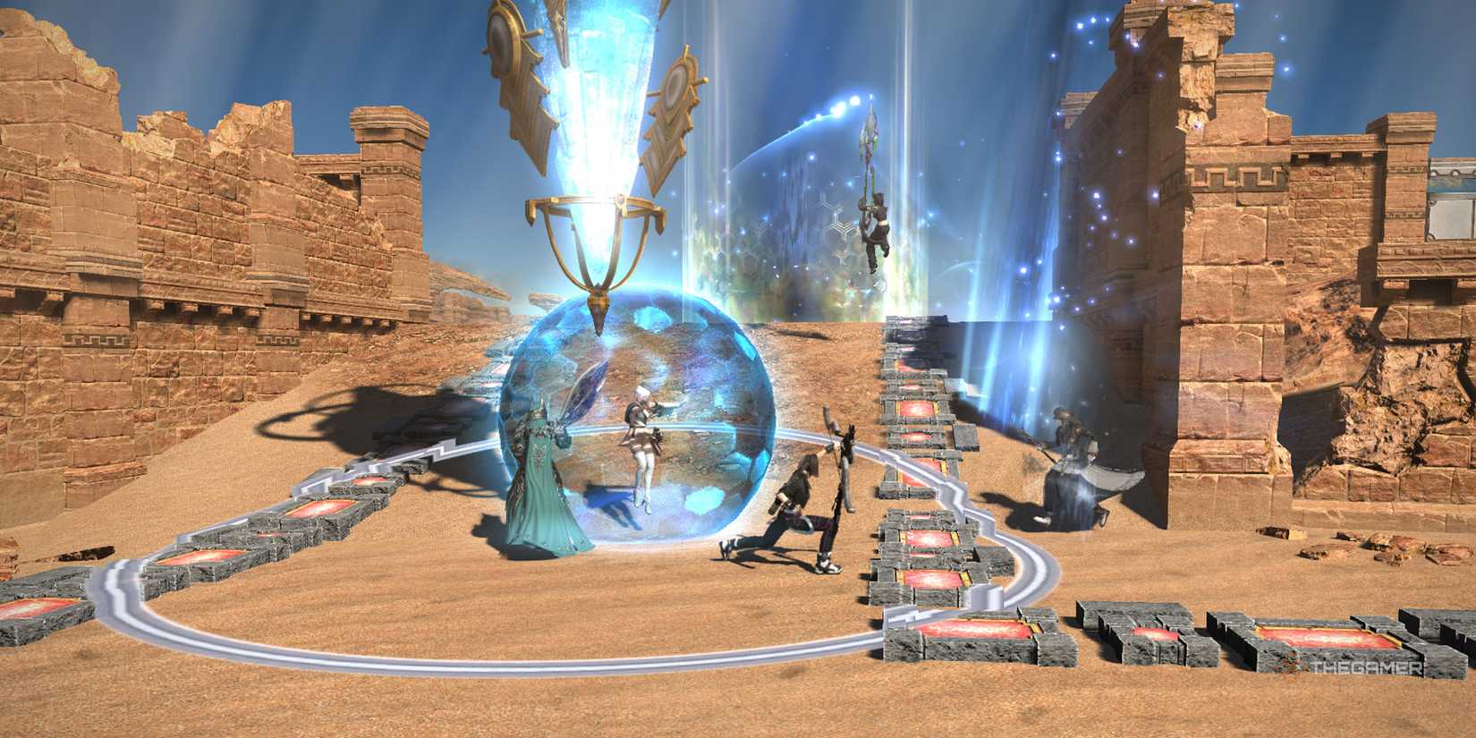 Two teams fighting over a crystal in Crystalline Conflict in Final Fantasy 14.