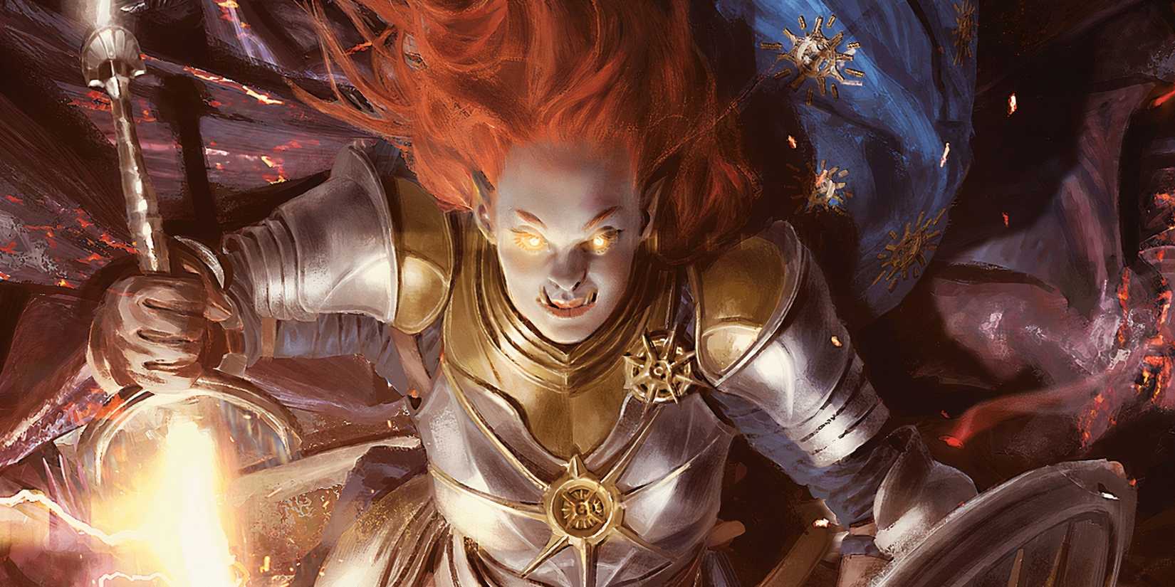 A paladin with glowing yellow eyes wearing brilliant armor in DND.