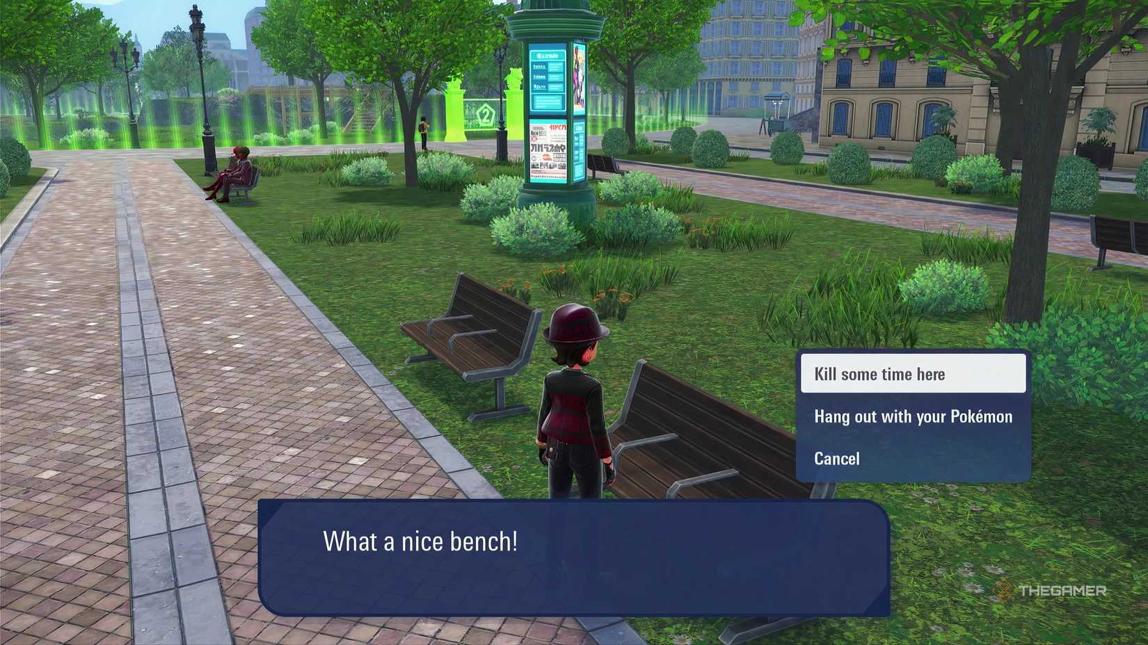 Using a bench in Pokemon Legends: Z-A to rest and re-reroll Mudkip spawns by cycling between day and night.