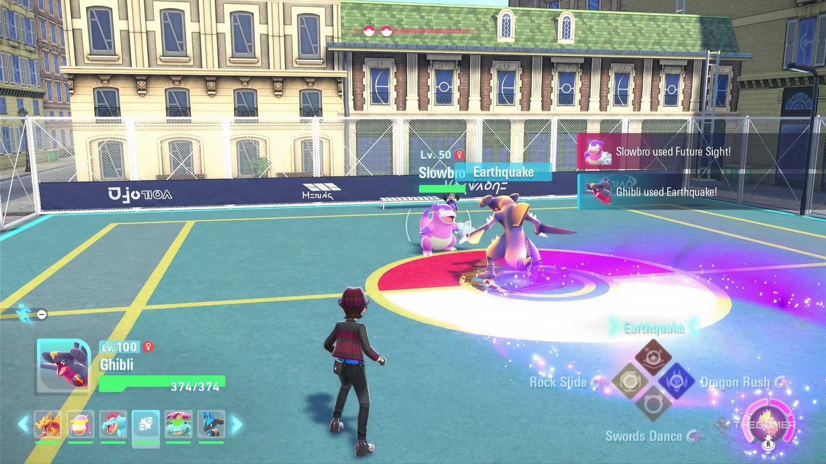 Using Garchomp's Earthquake against Galarian Slowbro in Pokemon Legends: Z-A during 'Side Mission 75 - Some Unusual Pokemon'.