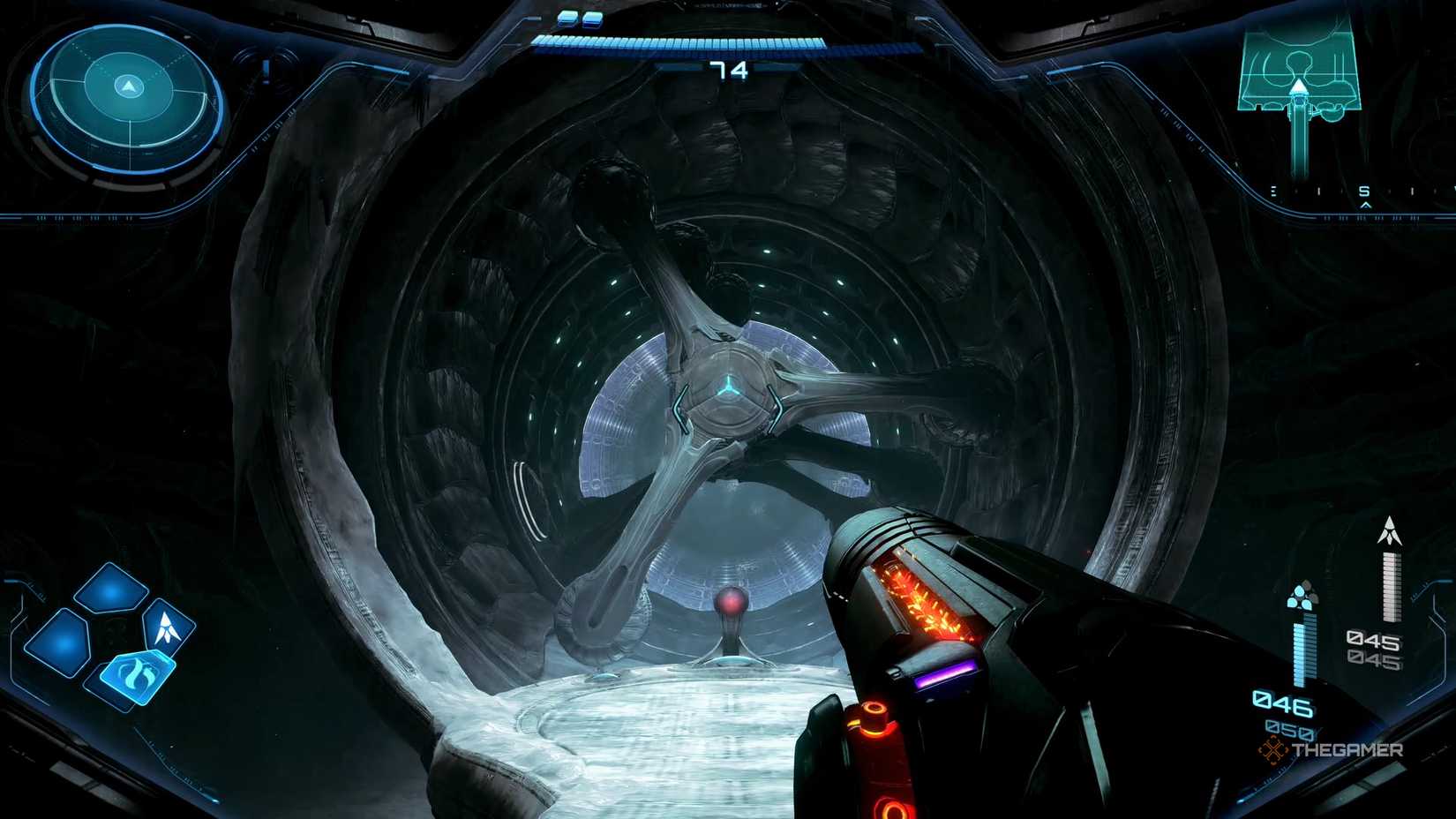 Samus enters the Ice Belt room containing the generator turbines in Metroid Prime 4: Beyond.