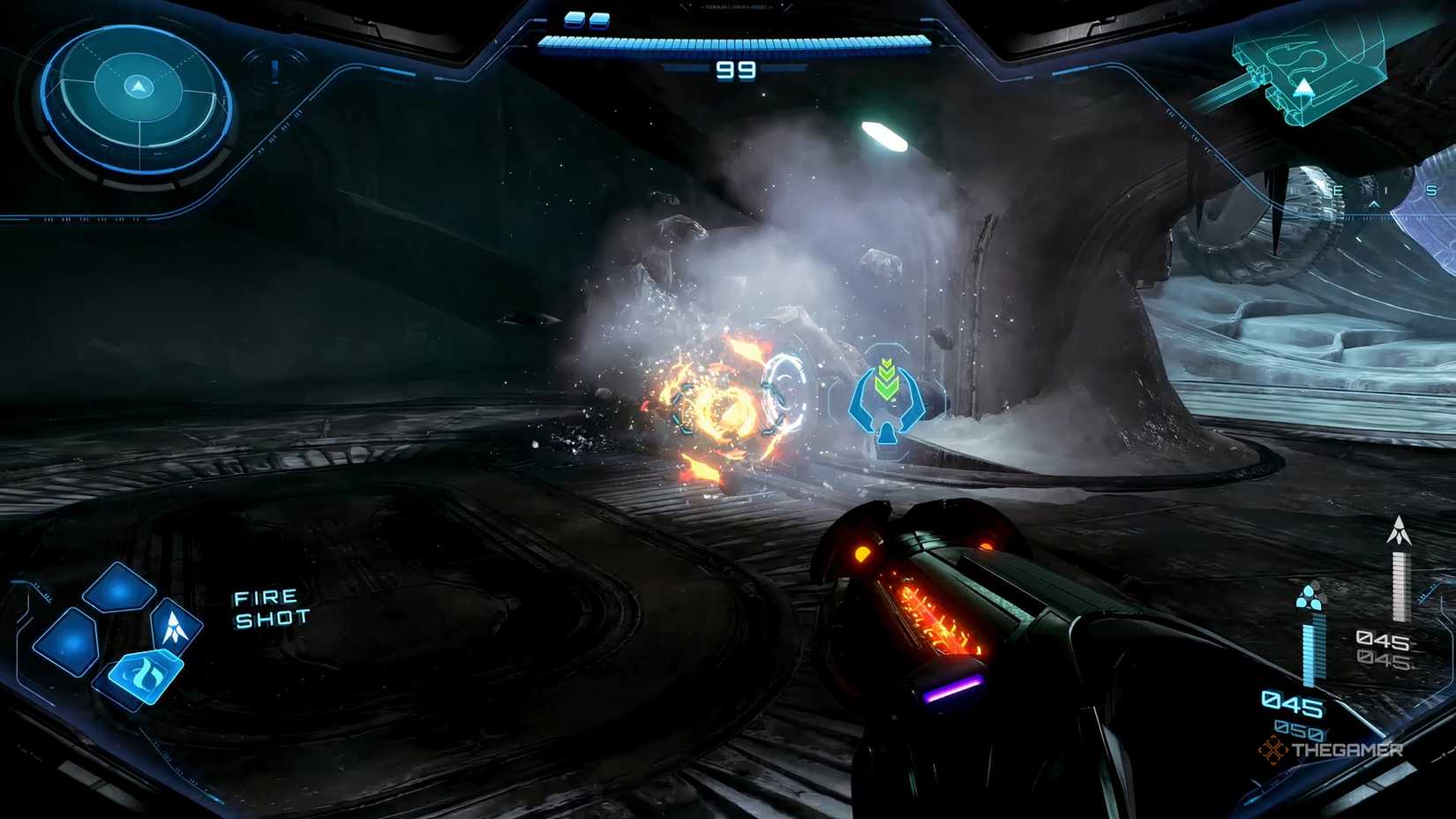 Samus destroys a block of ice hiding a generator switch in Metroid Prime 4: Beyond.