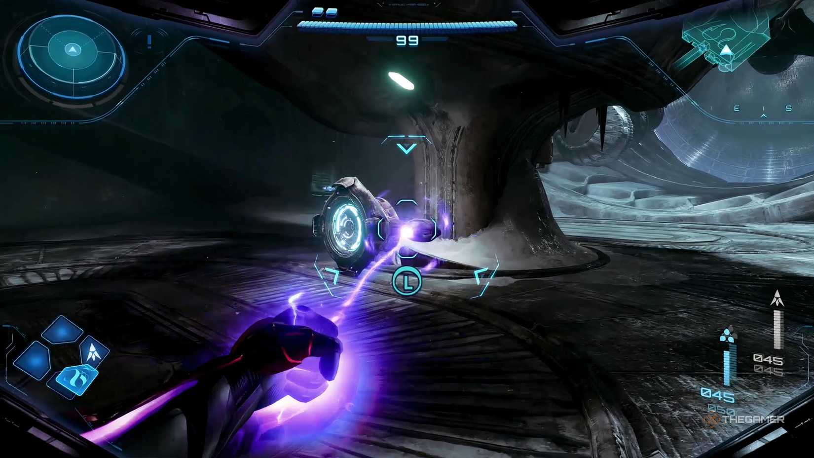 Samus pulls a generator switch into place using her psychic lasso in Metroid Prime 4: Beyond.