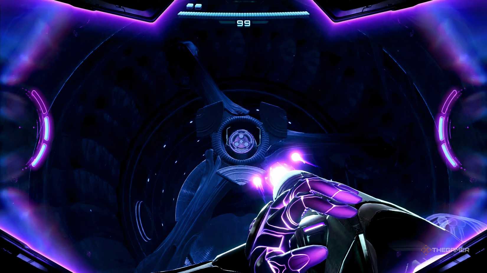 Samus prepares to fire a control beam at an ice belt turbine in Metroid Prime 4: Beyond.