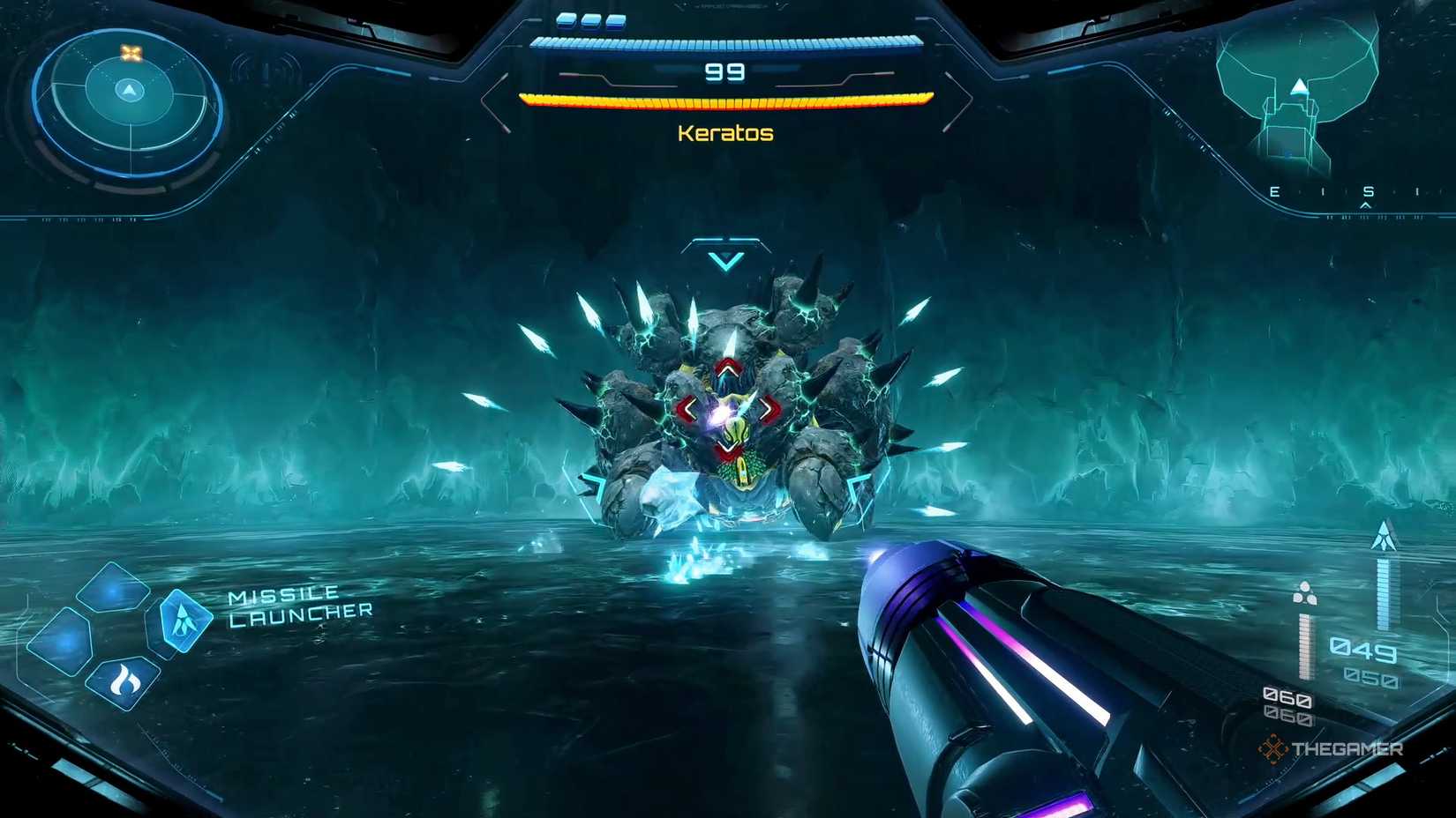 Keratos begins firing out ice projectiles at Samus in Metroid Prime 4: Beyond.
