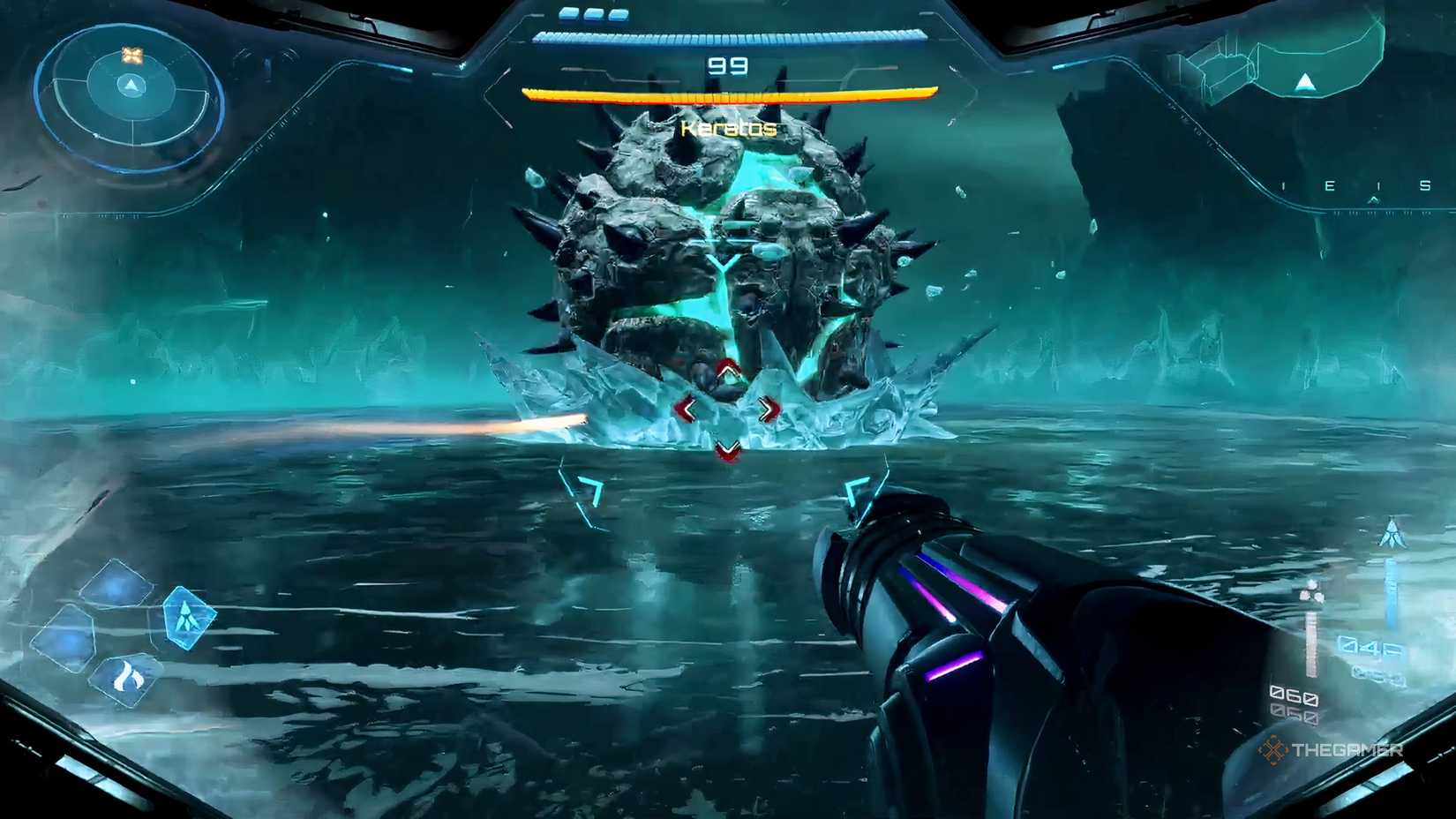 Keratos spawns a deadly ice wall hurricane in Metroid Prime 4: Beyond.