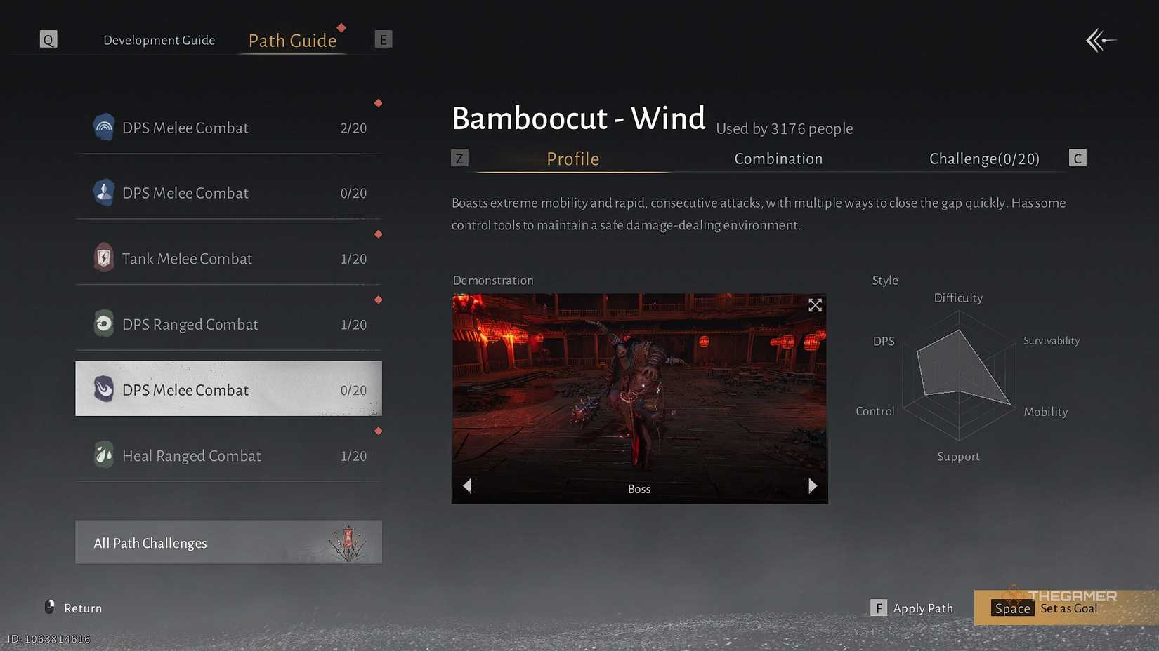 Where Winds Meet DPS Melee Combat Bamboocut Wind profile menu.