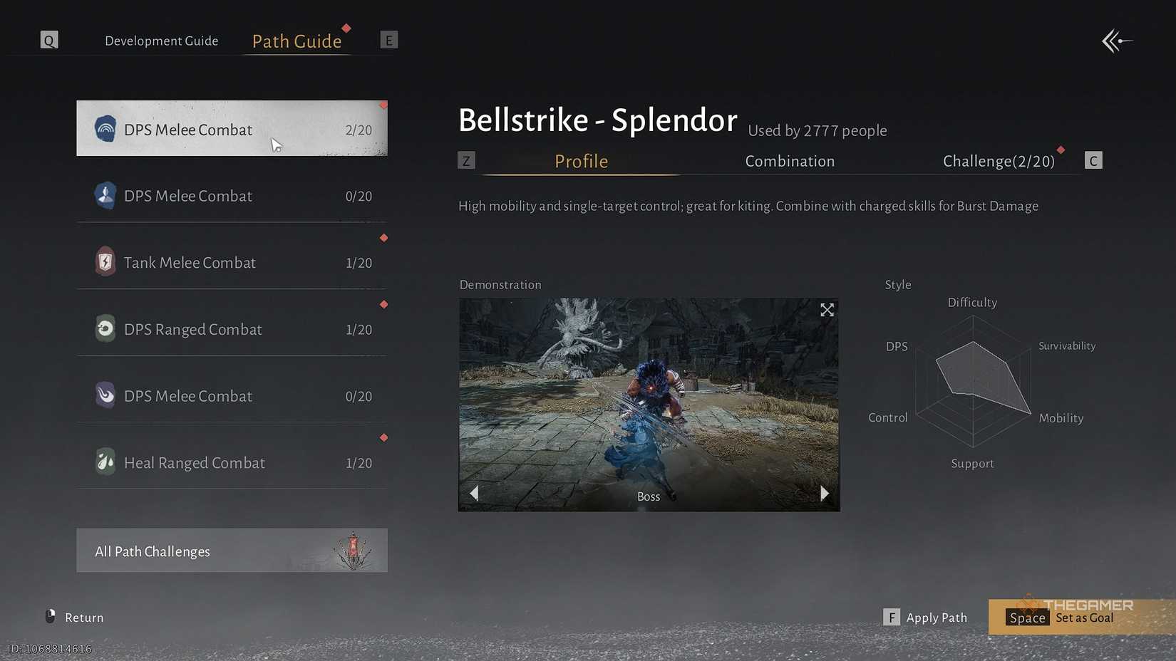 Where Winds Meet DPS Melee Combat bellstrike splendor profile menu.