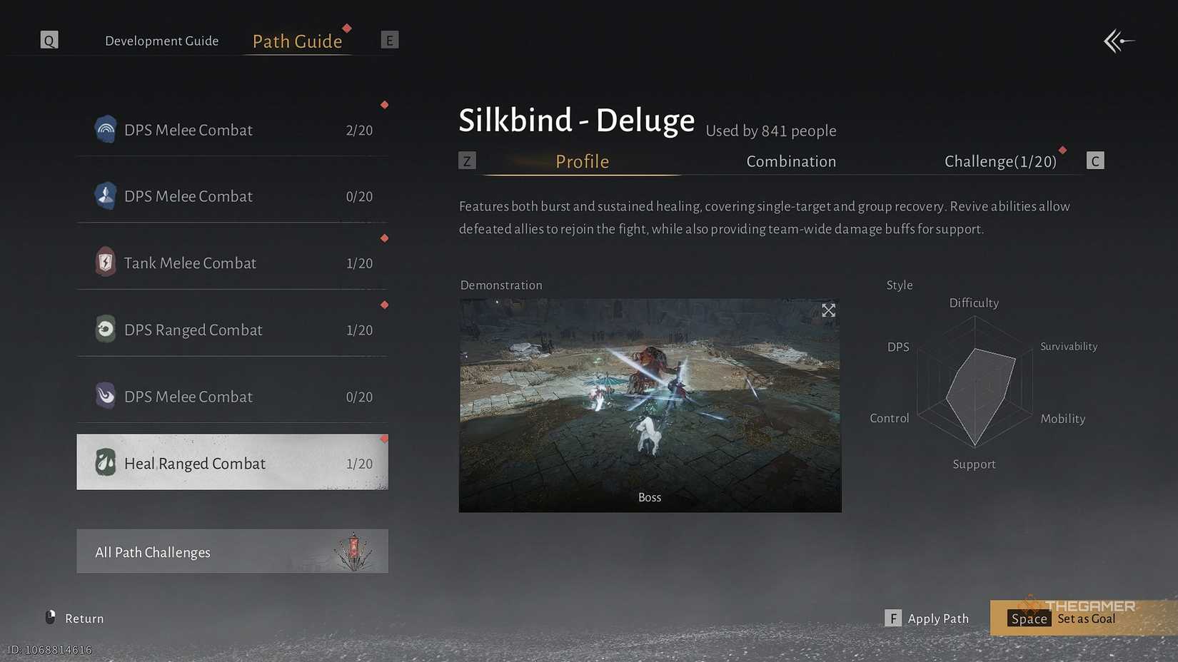 Where Winds Meet Heal Ranged Combat Silkbind Deluge profile menu.