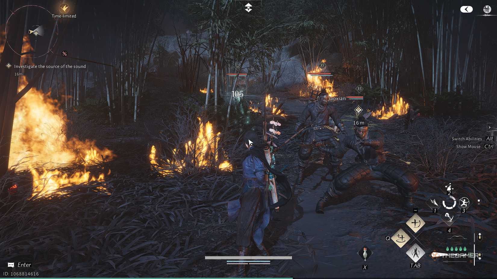 Where Winds Meet healing with the fan in a burning forest.