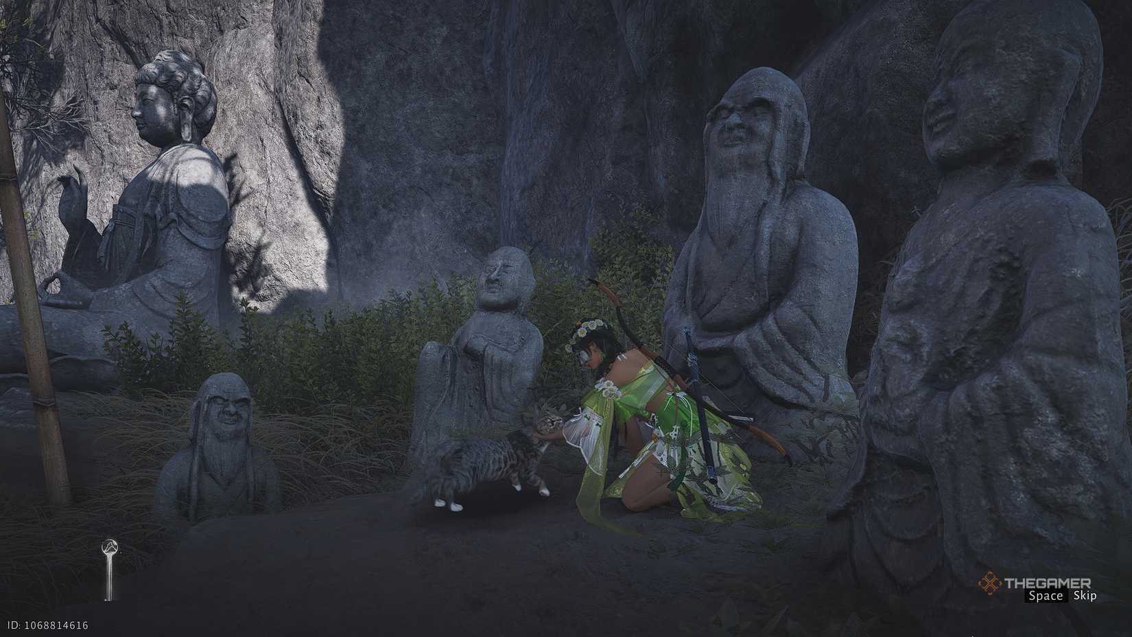 Where Winds Meet Petting a cat near a Buddha statue.