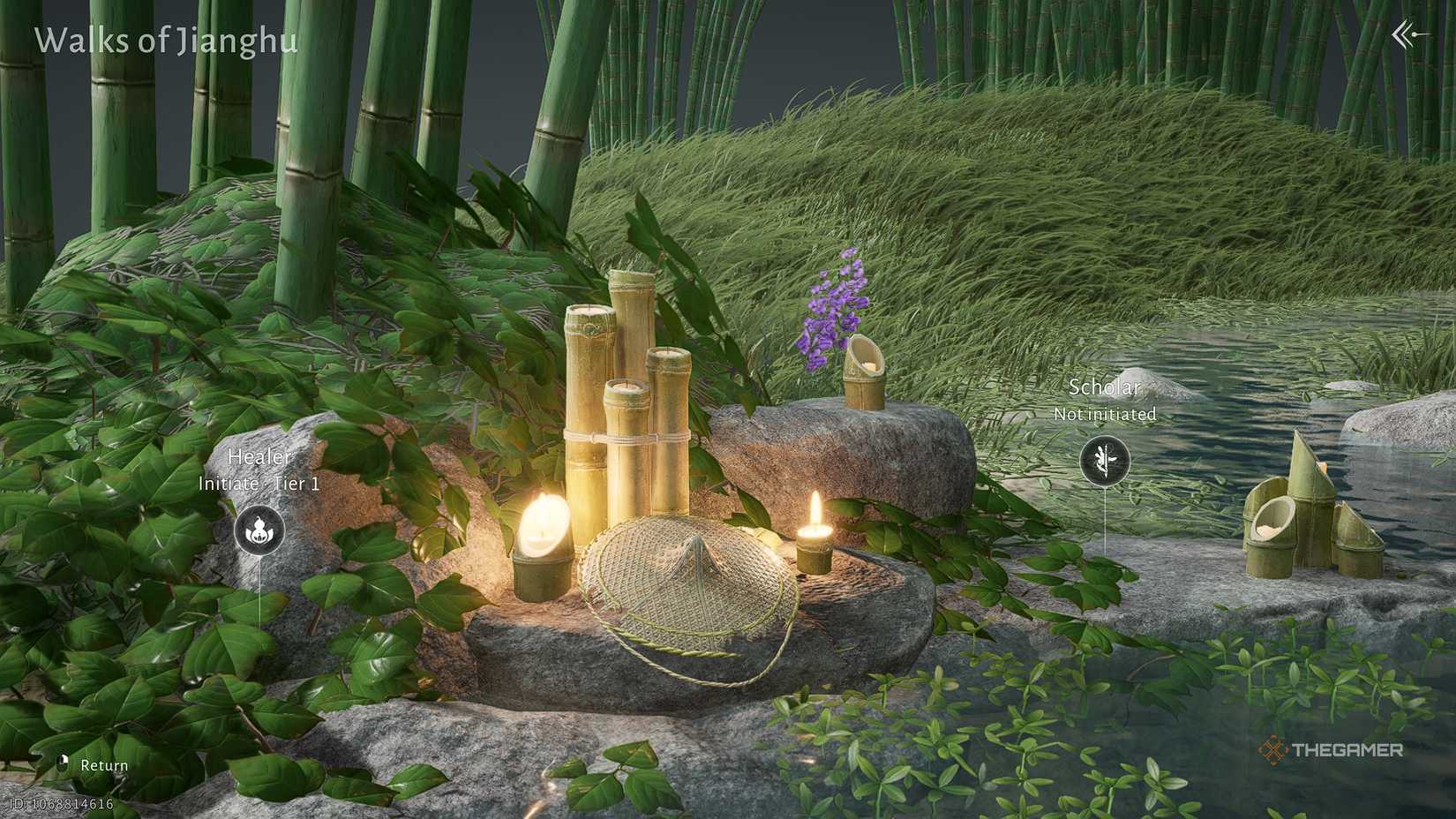 Where Winds Meet Professions menu with a lantern in a bamboo grove.