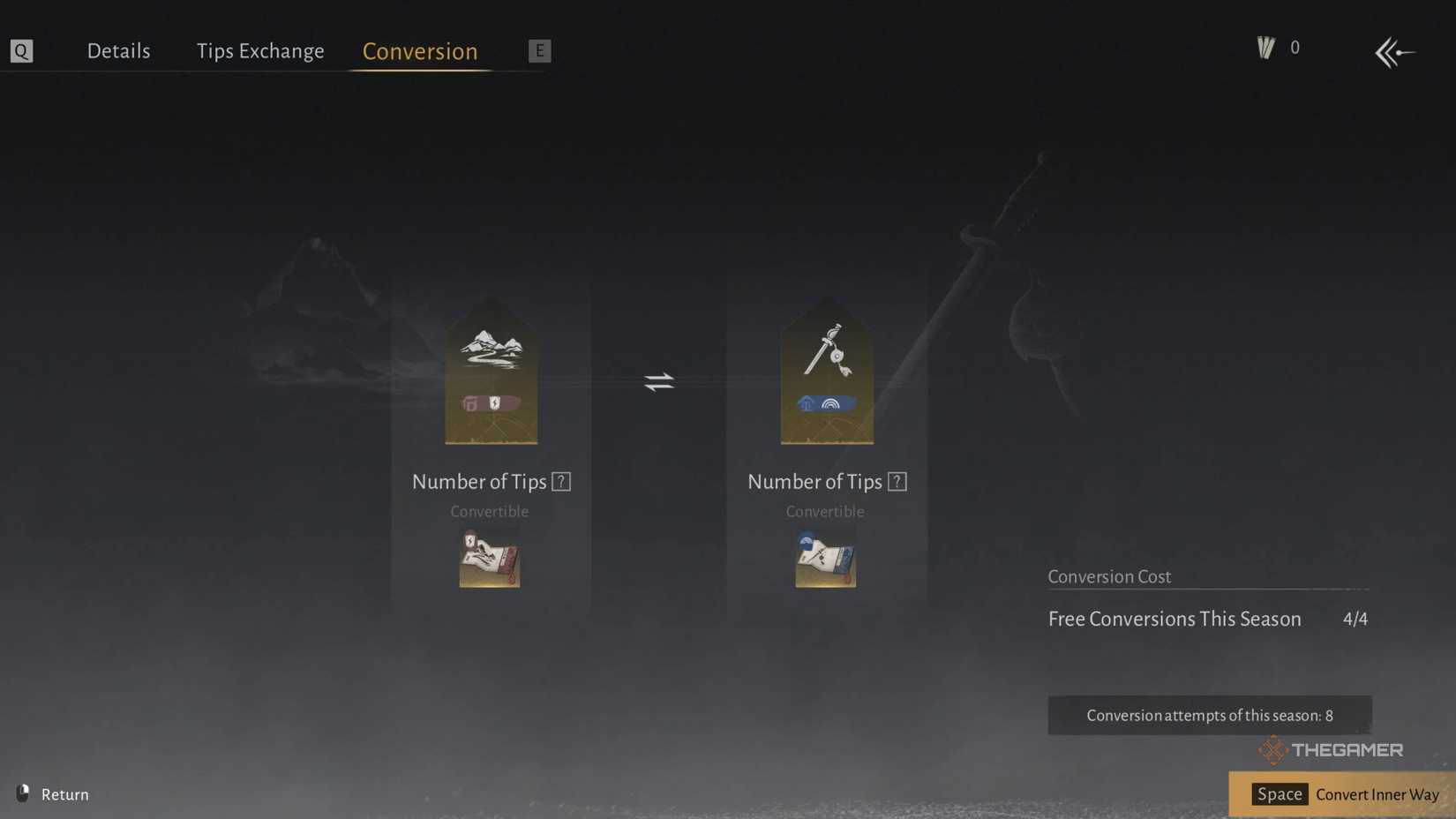 Where Winds Meet tips conversion menu.