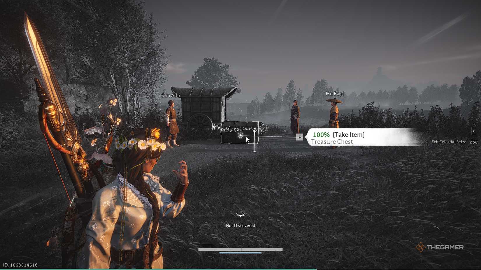 Where Winds Meet Using celestial seize on a treasure chest with a monochrome background.