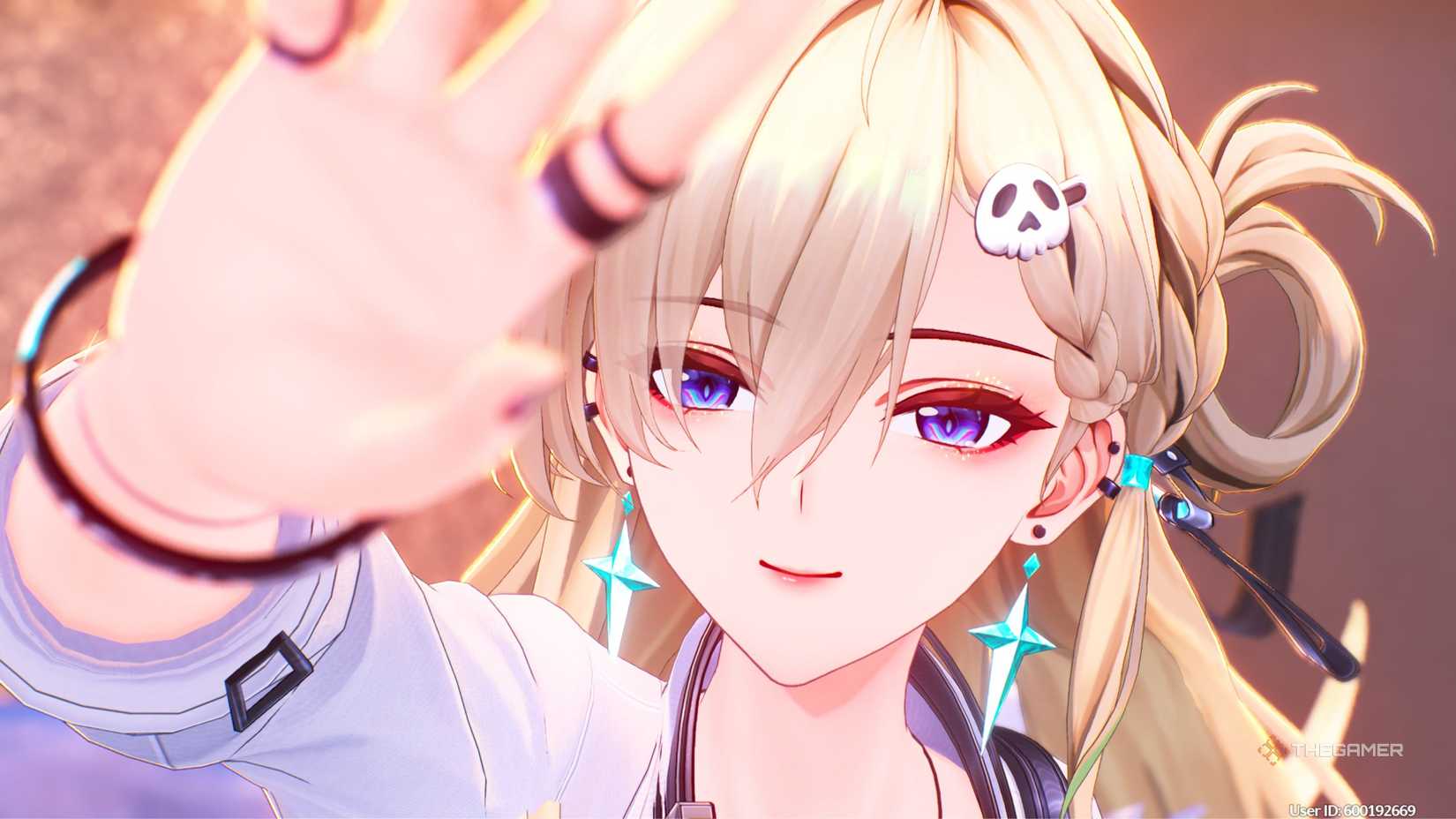 Wuthering Waves Lynae looking at the sky with her hand up.