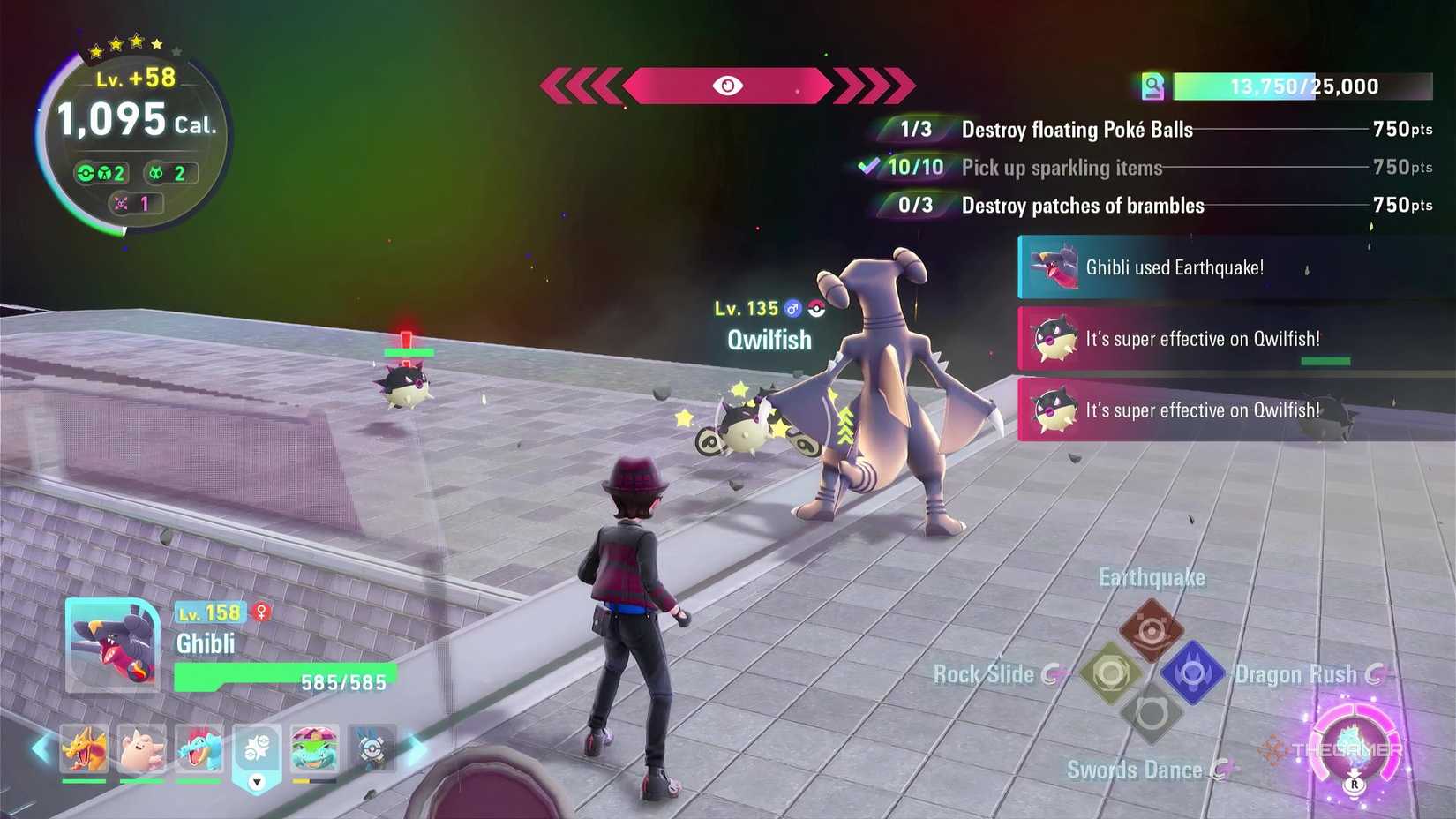 Battling Hisuian Qwilfish in Pokemon Legends: Z-A's Mega Dimension DLC with Garchomp using Earthquake.