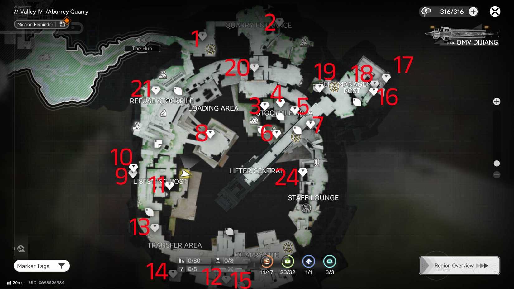 Расположение сундуков в карьере Абуррей, отмеченное на карте в Arknights: Endfield