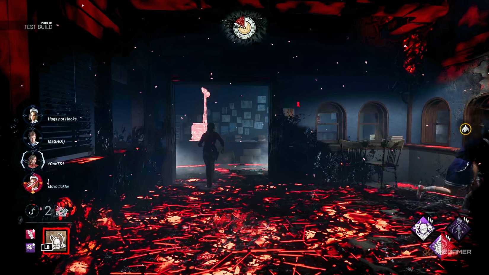 Dead By Daylight red scratch marks in a dark room.