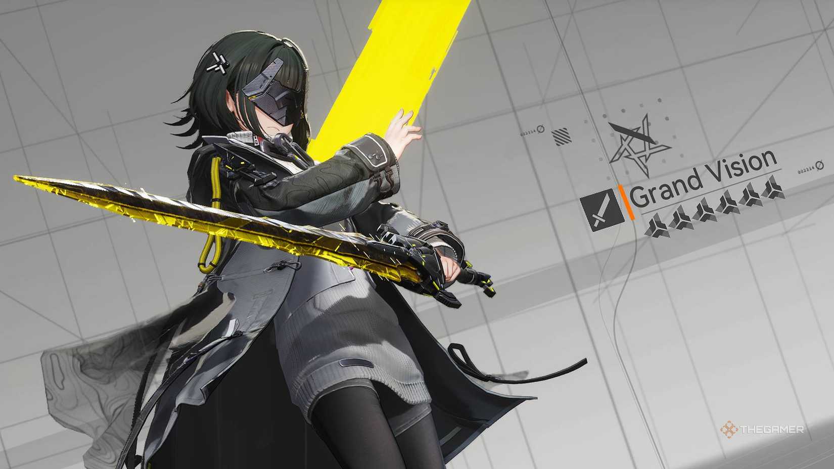 Эдминистратор с оружием Grand Vision в Arknights: Endfield, сверкающий меч из ориниума.