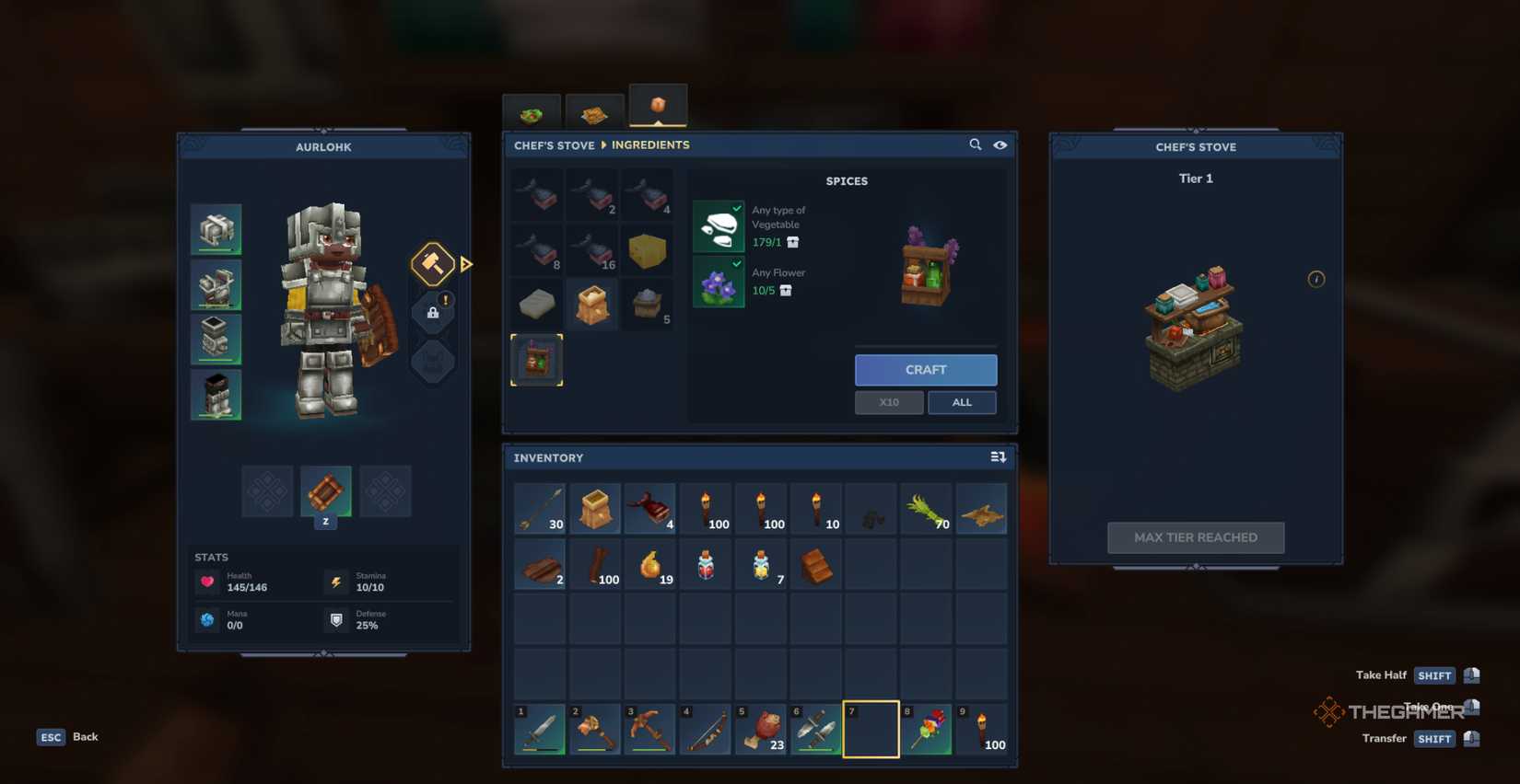 Crafting menu for the Chef's Stove showing several recipes from the Ingredients tab in Hytale.