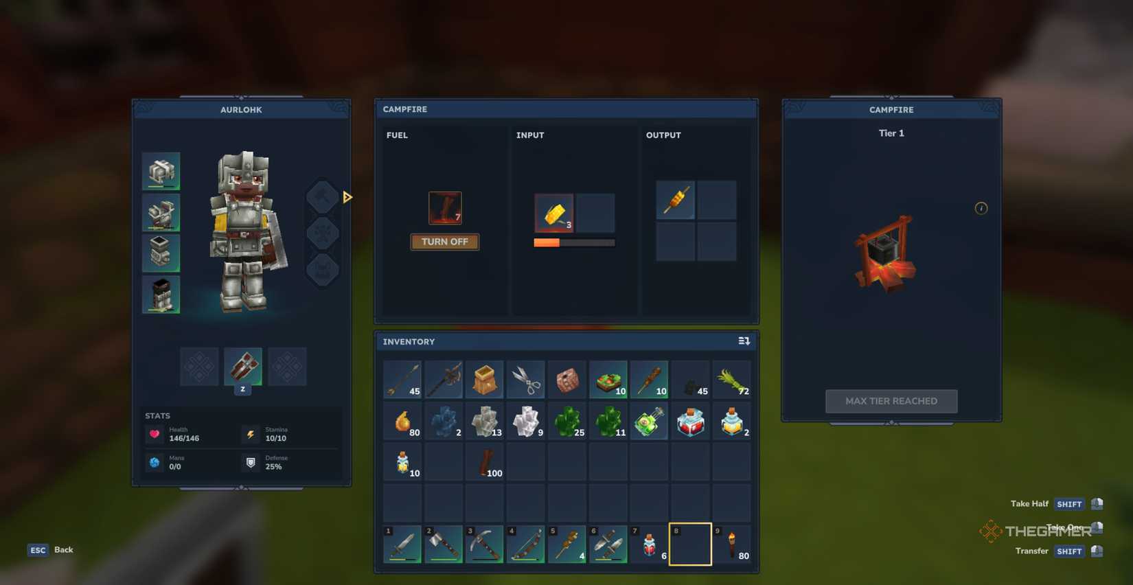 Player character using a campfire to cook Corn and turn it into Roast Vegetables in Hytale.