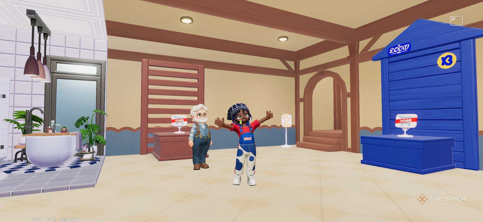 Игрок в мебельном магазине машет Бобу в Heartopia.