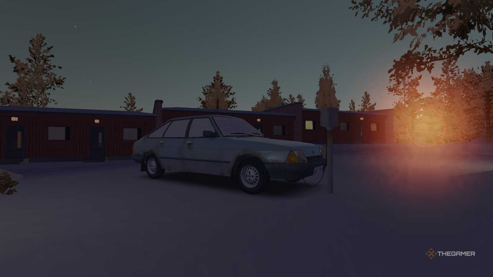 Looking at the Sorbett parked in front of your apartment during the sunrise in My Winter Car.