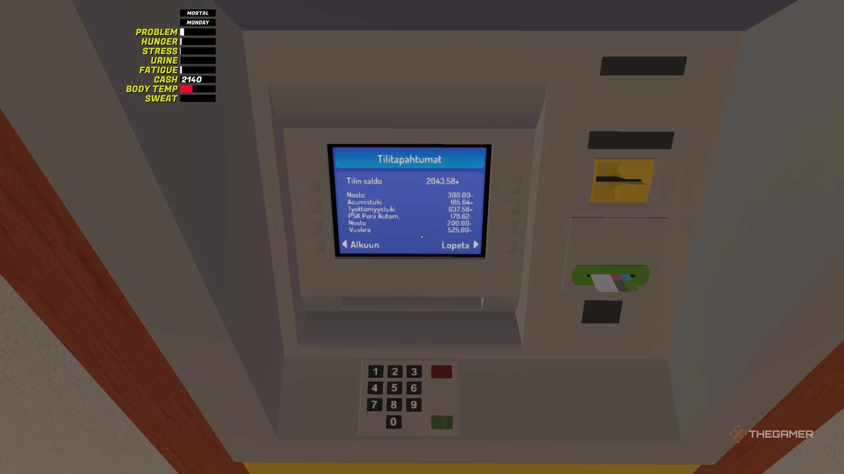 The ATM showing the player's current bank account balance in My Winter Car.