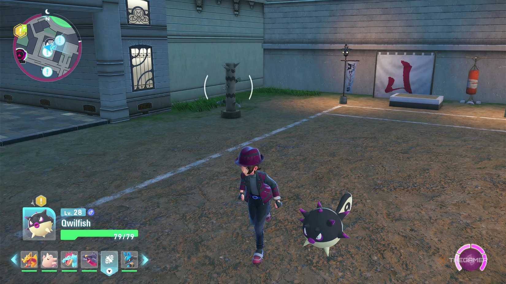 One of the Justice Dojo training dummies in Pokemon Legends: Z-A with Hisuian Qwilfish.