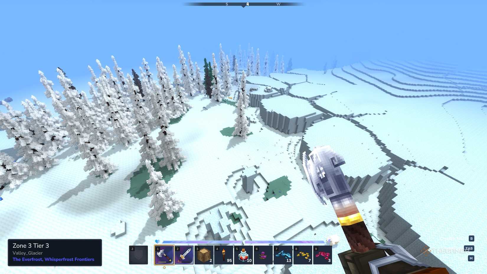 Игрок осматривает заснеженную область в Hytale.