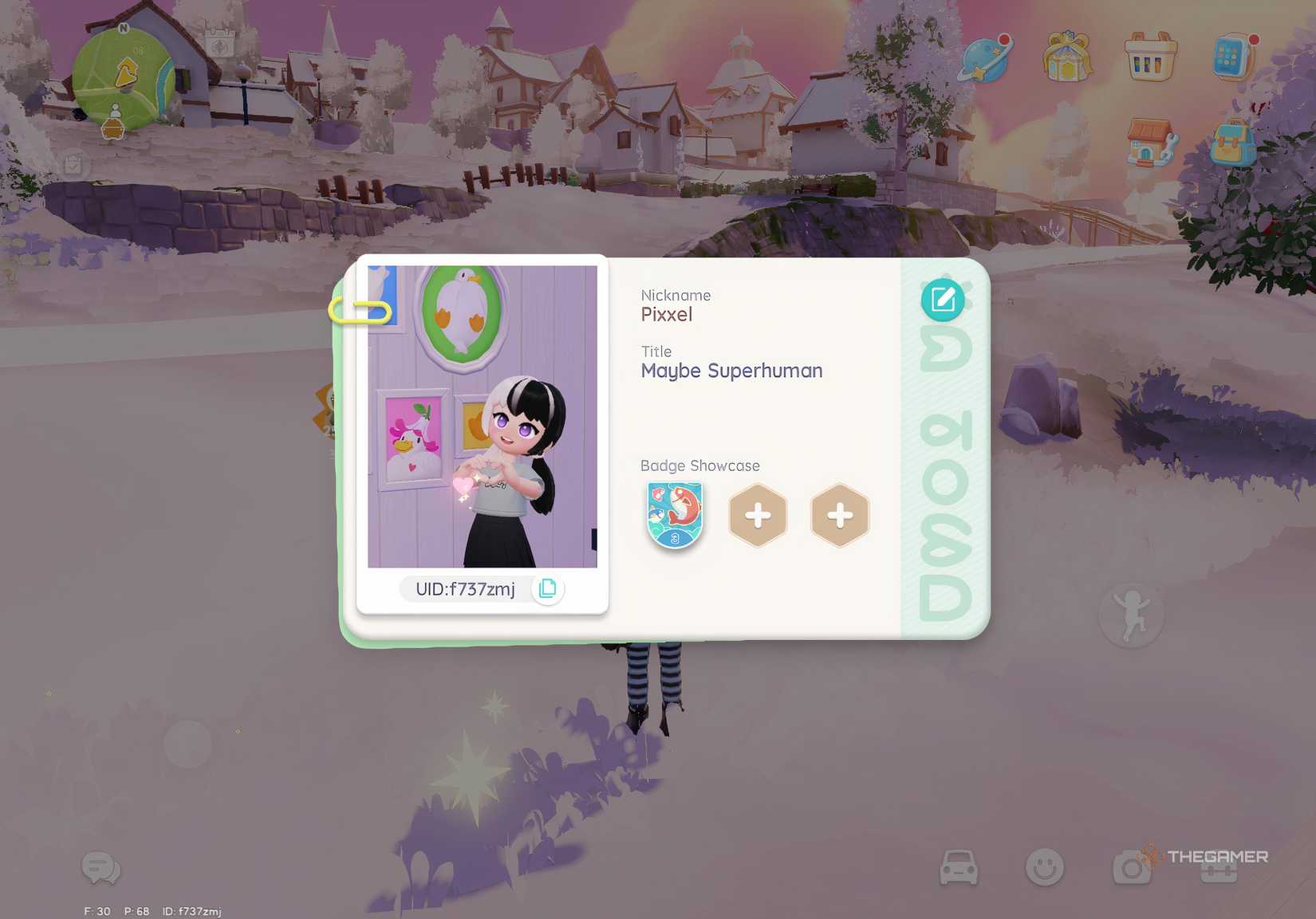 Player profile showing badges and title in Heartopia.