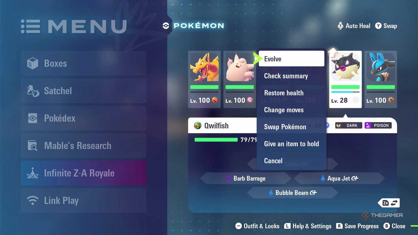 Selecting the option to 'Evolve' Hisuian Qwilsih into Overquil in Pokemon Legends: Z-A.