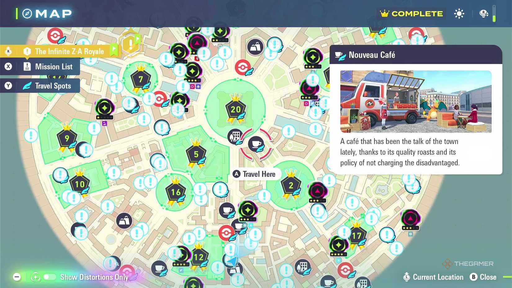 The map location of Nouveau Cafe in Pokemon Legends: Z-A, the best spot for bench re-rolls.